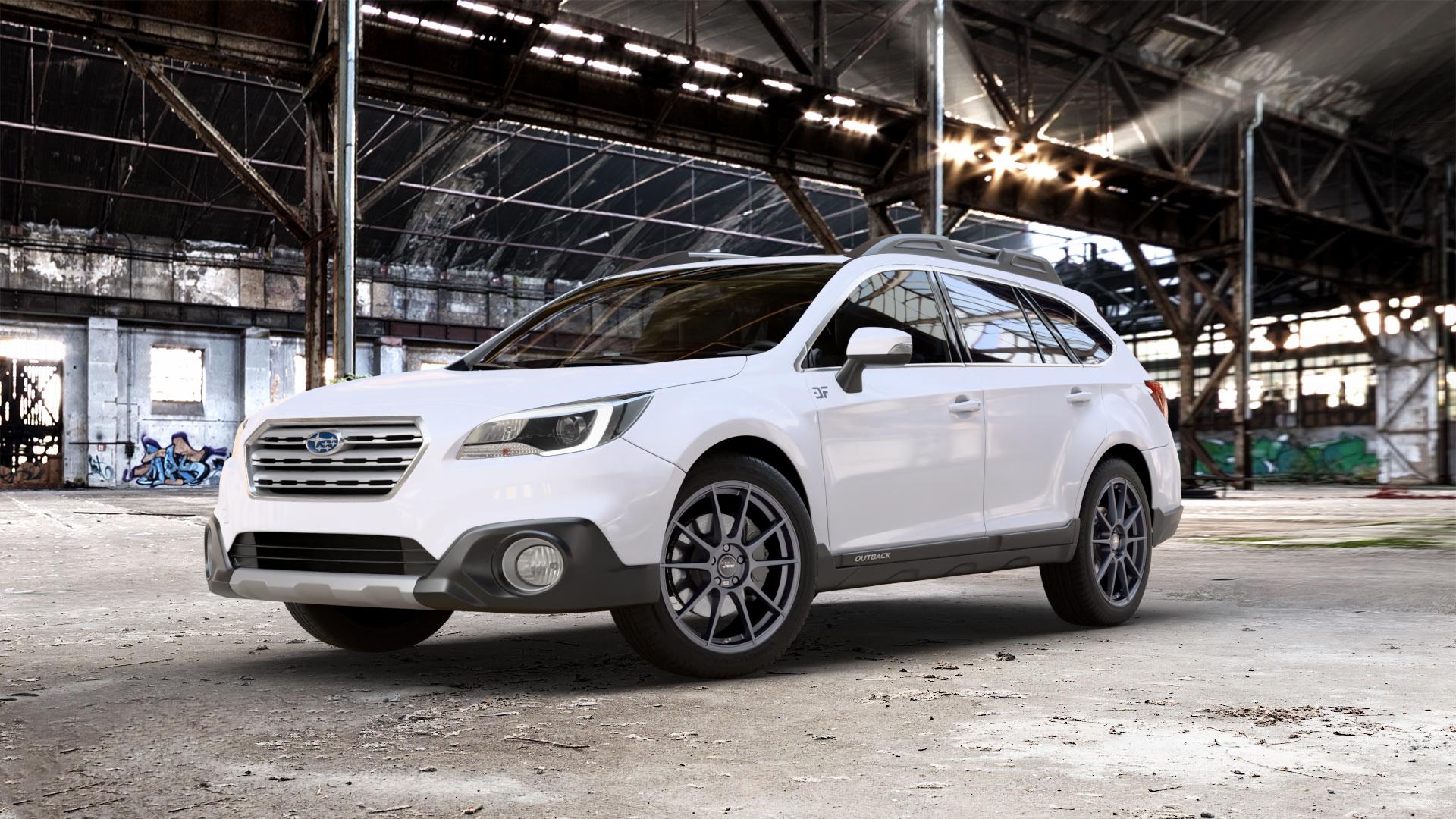 AUTEC Wizard Gunmetal matt Felge mit Reifen grau in 19Zoll Winterfelge Alufelge auf weissem Subaru Outback Typ B6 ⬇️ mit 15mm Tieferlegung ⬇️ Old Industrial Hall_max_5300mm_2024 Frontansicht_1