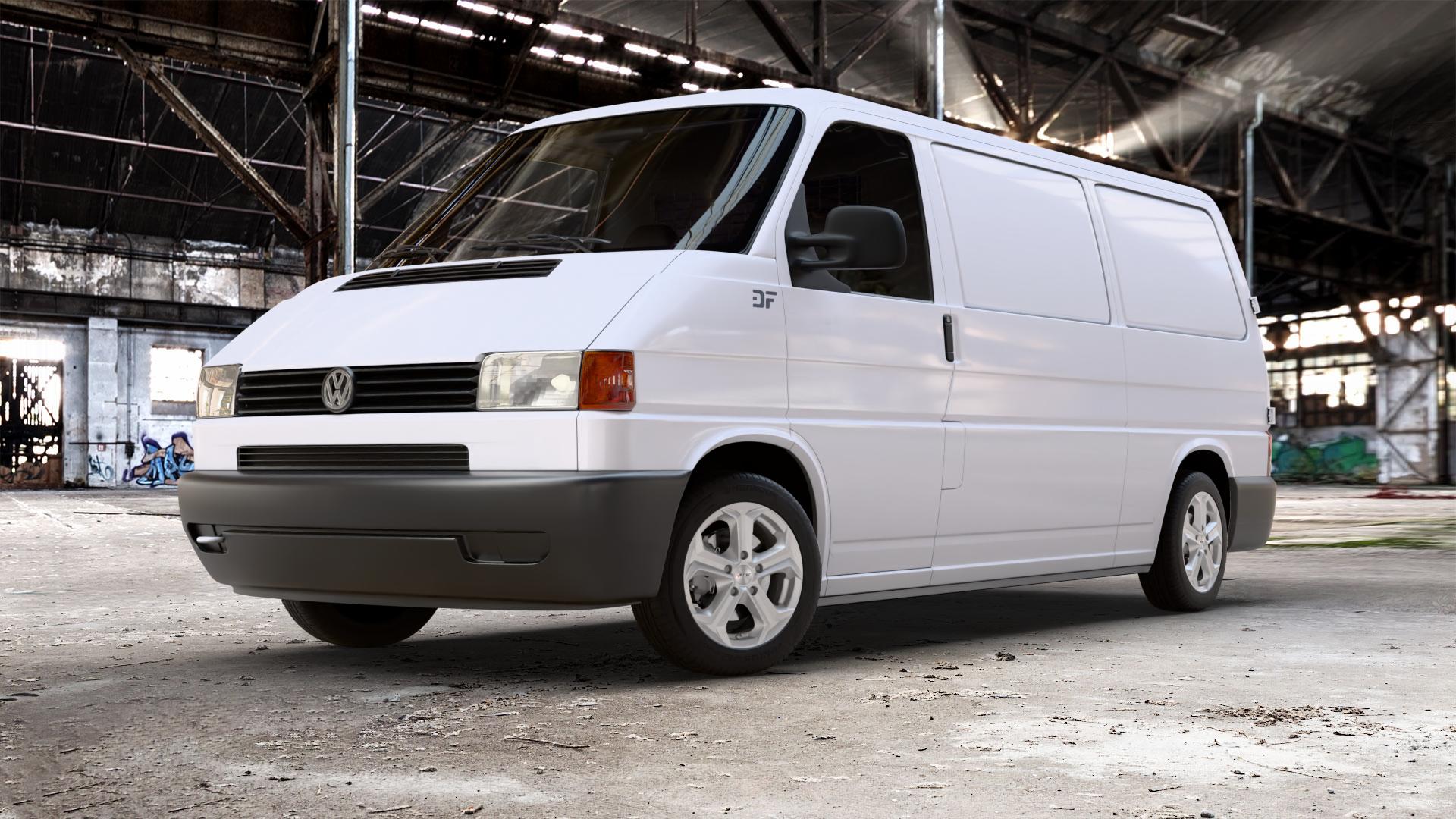 AUTEC Xenos Brillantsilber Felge mit Reifen in 16Zoll Winterfelge Alufelge auf weissem Volkswagen (VW) T4 Transporter ⬇️ mit 15mm Tieferlegung ⬇️ Old Industrial Hall_max_5300mm_2024 Frontansicht_1