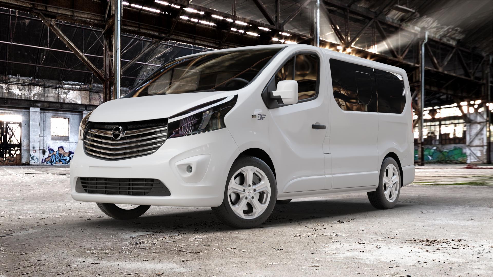 AUTEC Xenos Brillantsilber Felge mit Reifen in 17Zoll Winterfelge Alufelge auf weissem Opel Vivaro B Kombi Typ X83 ⬇️ mit 15mm Tieferlegung ⬇️ Old Industrial Hall_max_5300mm_2024 Frontansicht_1