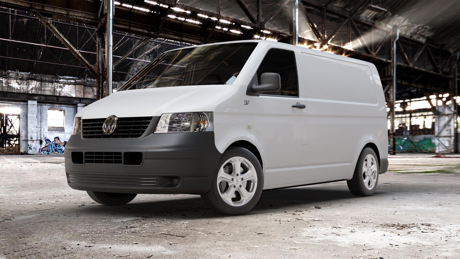 AUTEC Xenos Brillantsilber Felge mit Reifen in 17Zoll Winterfelge Alufelge auf weissem Volkswagen (VW) T5 Kastenwagen ⬇️ mit 15mm Tieferlegung ⬇️ Old Industrial Hall_max_5300mm_2024 Frontansicht_1