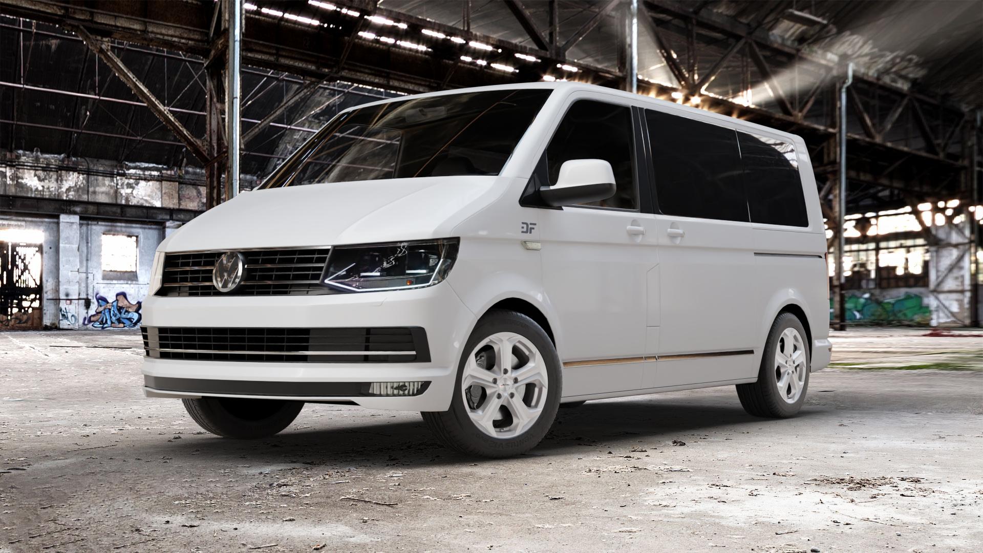 AUTEC Xenos Brillantsilber Felge mit Reifen in 17Zoll Winterfelge Alufelge auf weissem Volkswagen (VW) T6 Kombi Multivan Caravelle ⬇️ mit 15mm Tieferlegung ⬇️ Old Industrial Hall_max_5300mm_2024 Frontansicht_1