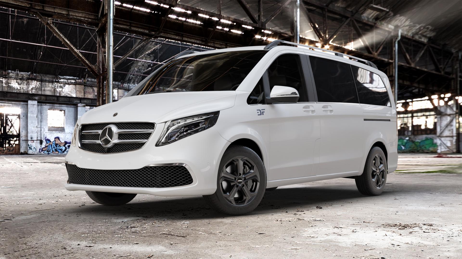 AUTEC Xenos Schwarz matt Felge mit Reifen in 17Zoll Winterfelge Alufelge auf weissem Mercedes V-Klasse Typ W447 Facelift Marco Polo Vito Tourer ⬇️ mit 15mm Tieferlegung ⬇️ Old Industrial Hall_max_5300mm_2024 Frontansicht_1