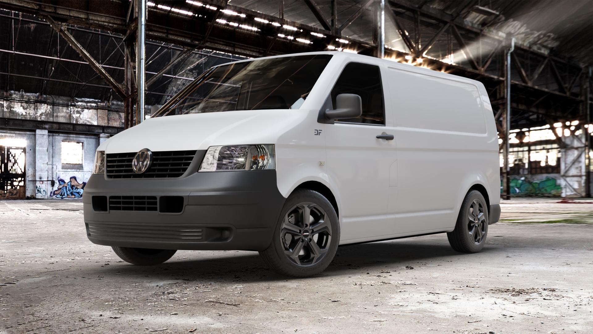 AUTEC Xenos Schwarz matt Felge mit Reifen in 17Zoll Winterfelge Alufelge auf weissem Volkswagen (VW) T5 Kastenwagen ⬇️ mit 15mm Tieferlegung ⬇️ Old Industrial Hall_max_5300mm_2024 Frontansicht_1