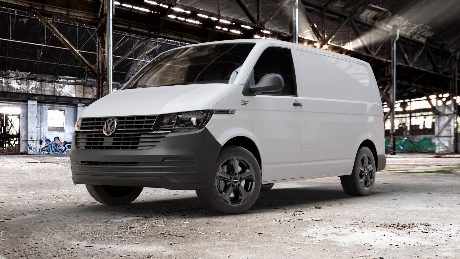 AUTEC Xenos Schwarz matt Felge mit Reifen in 17Zoll Winterfelge Alufelge auf weissem Volkswagen (VW) T6.1 Kastenwagen ⬇️ mit 15mm Tieferlegung ⬇️ Old Industrial Hall_max_5300mm_2024 Frontansicht_1