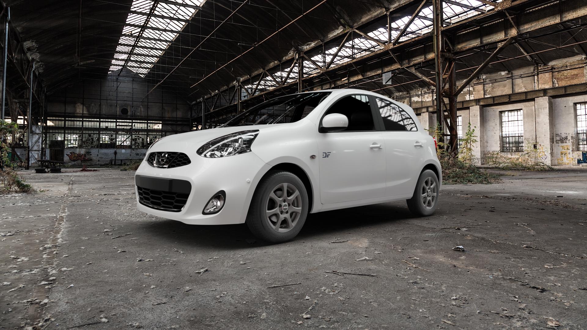 AUTEC Zenit Anthrazit matt Felge mit Reifen grau in 14Zoll Winterfelge Alufelge auf weissem Nissan Micra Typ K13 ⬇️ mit 15mm Tieferlegung ⬇️ Old Industrial Hall_max5000mm_2022 Frontansicht_1