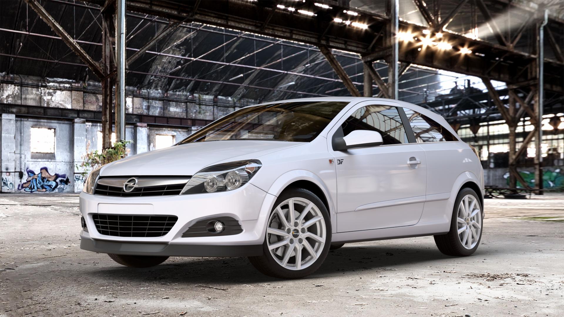 AVUS Racing AC-518 HYPER SILVER Felge mit Reifen silber in 17Zoll Winterfelge Alufelge auf Weiss Uni Opel Astra H GTC Typ A-H/C ⬇️ mit 15mm Tieferlegung ⬇️ Old Industrial Hall_max_4400mm_2024 Frontansicht_1