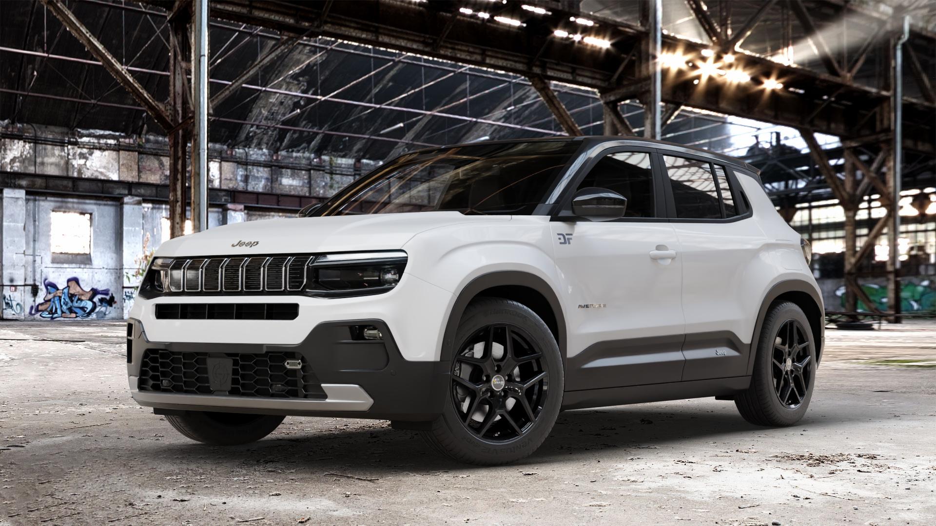 AVUS Racing AC-519 BLACK Felge mit Reifen schwarz in 17Zoll Winterfelge Alufelge auf weissem Jeep Avenger Typ FH1 ⬇️ mit 15mm Tieferlegung ⬇️ Old Industrial Hall_max_4400mm_2024 Frontansicht_1