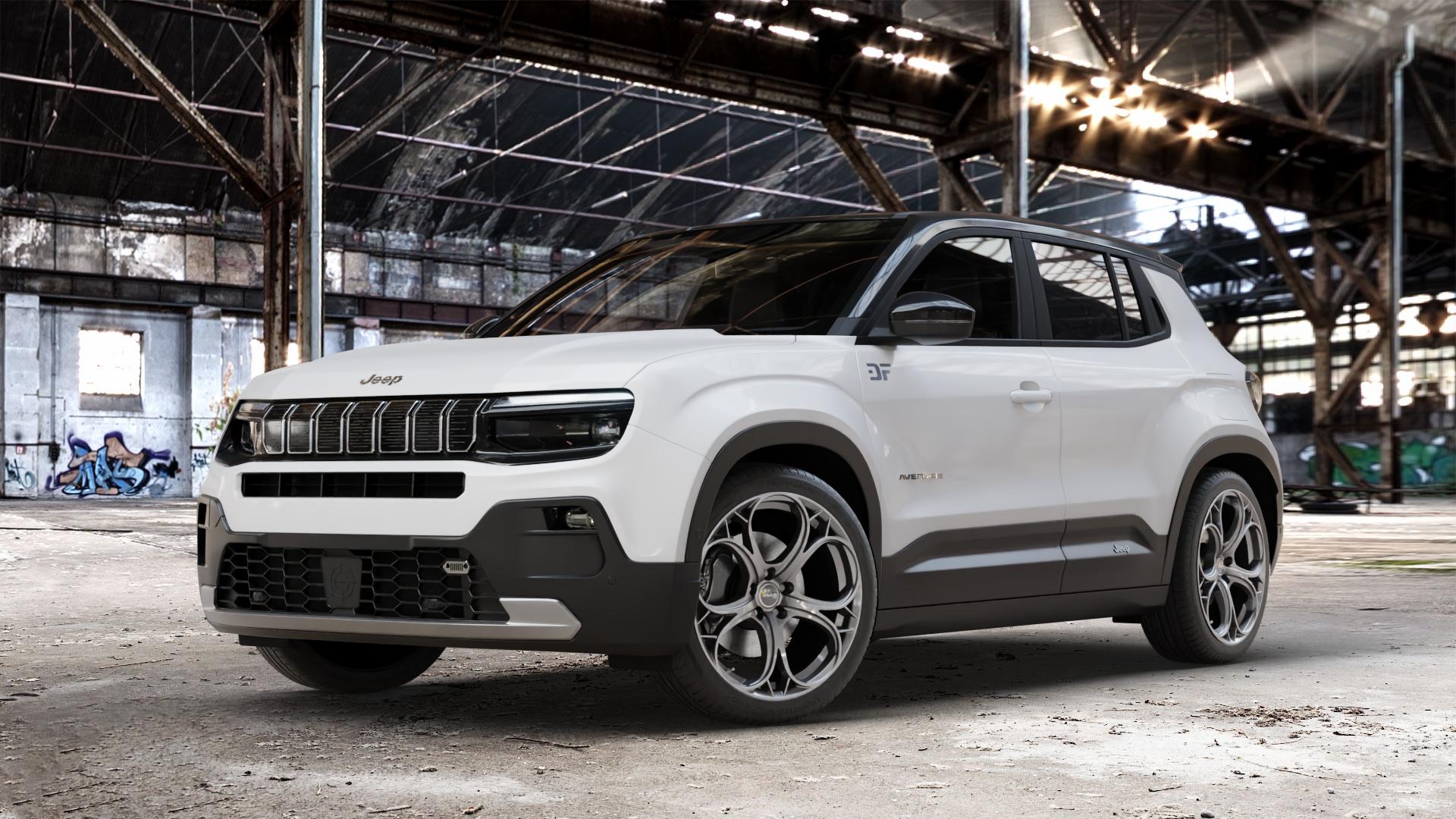 AVUS Racing AC-520 ANTHRACITE Felge mit Reifen grau anthrazit in 19Zoll Winterfelge Alufelge auf weissem Jeep Avenger Typ FH1 ⬇️ mit 15mm Tieferlegung ⬇️ Old Industrial Hall_max_4400mm_2024 Frontansicht_1