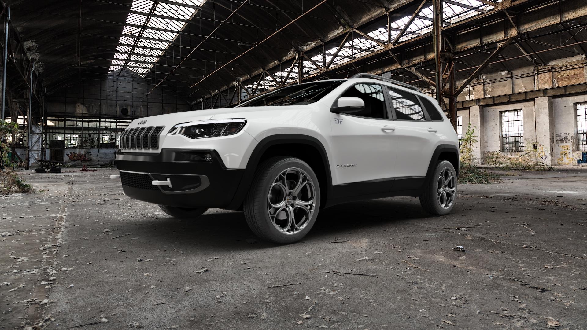 AVUS Racing AC-520 ANTHRACITE Felge mit Reifen grau anthrazit in 19Zoll Winterfelge Alufelge auf weissem Jeep Cherokee Typ KL Facelift ⬇️ mit 15mm Tieferlegung ⬇️ Old Industrial Hall_max5000mm_2022 Frontansicht_1