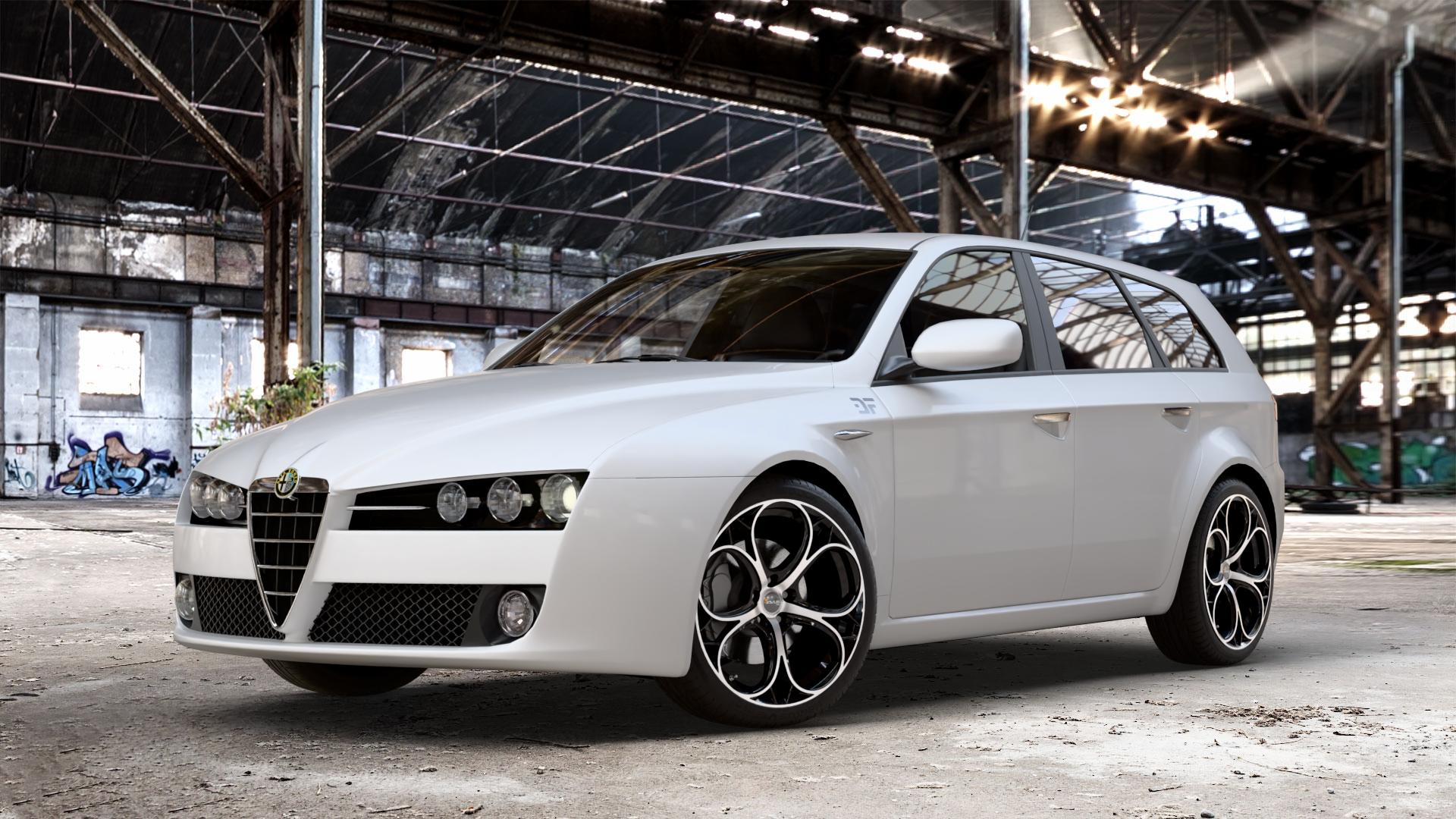 AVUS Racing AC-520 BLACK POLISHED Felge mit Reifen schwarz in 19Zoll Alufelge auf weissem Alfa Romeo 159 Sportwagon ⬇️ mit 15mm Tieferlegung ⬇️ Old Industrial Hall_max_4400mm_2024 Frontansicht_1