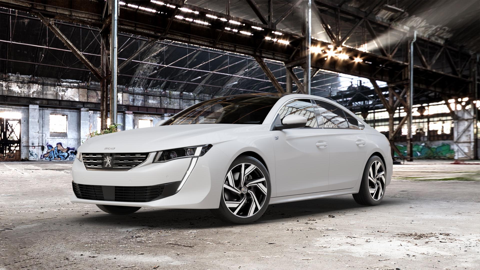 AVUS Racing AC-521 BLACK POLISHED Felge mit Reifen schwarz in 18Zoll Alufelge auf weissem Peugeot 508 Typ F Limousine ⬇️ mit 15mm Tieferlegung ⬇️ Old Industrial Hall_max_5300mm_2024 Frontansicht_1