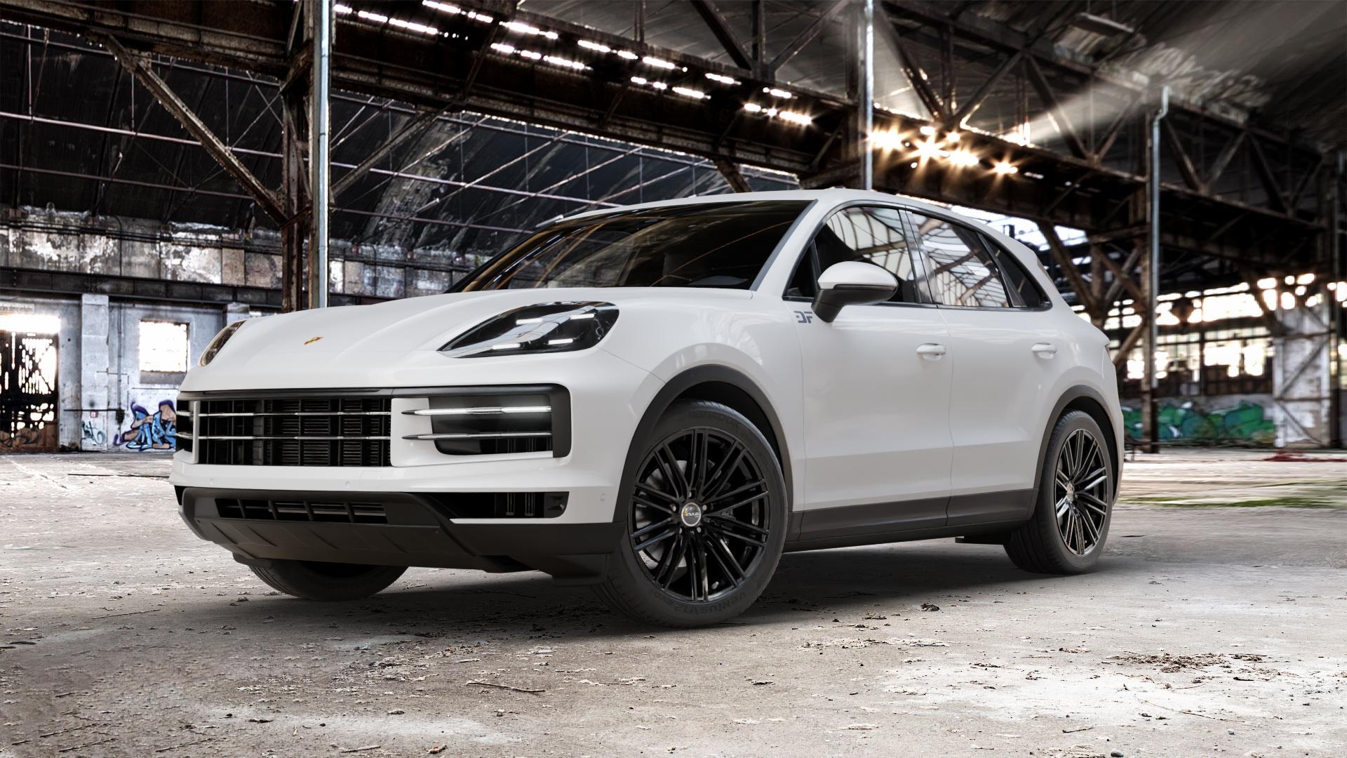 AVUS Racing AC-M08 BLACK Felge mit Reifen schwarz in 21Zoll Winterfelge Alufelge auf weissem Porsche Cayenne III Typ 9YA Facelift ⬇️ mit 15mm Tieferlegung ⬇️ Old Industrial Hall_max_5300mm_2024 Frontansicht_1