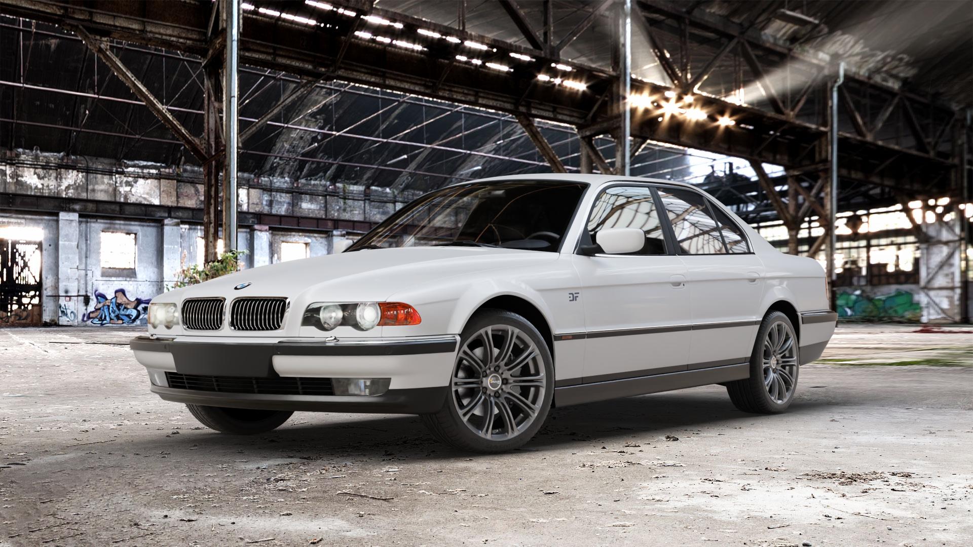 AVUS Racing AC-MB1 ANTHRACITE Felge mit Reifen grau anthrazit in 19Zoll Winterfelge Alufelge auf weissem BMW 7er E38 Limousine (7/G, 7/GK) ⬇️ mit 15mm Tieferlegung ⬇️ Old Industrial Hall_max_5300mm_2024 Frontansicht_1