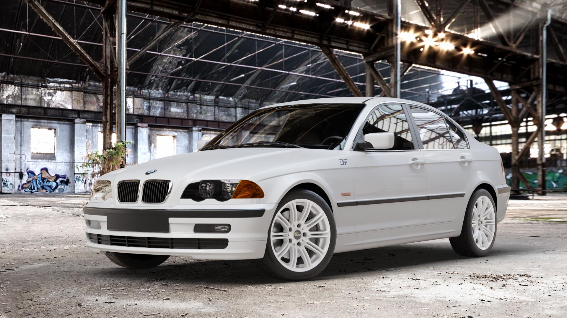 AVUS Racing AC-MB1 HYPER SILVER Felge mit Reifen silber in 17Zoll Winterfelge Alufelge auf weissem BMW 316i Typ E46 (Limousine) 318i 320i 323i 328i 325i 330d 330xd 330i 318d 320d 325xi 330xi 3er Limousine (346) ⬇️ mit 15mm Tieferlegung ⬇️ Old Industrial Hall_max_4400mm_2024 Frontansicht_1