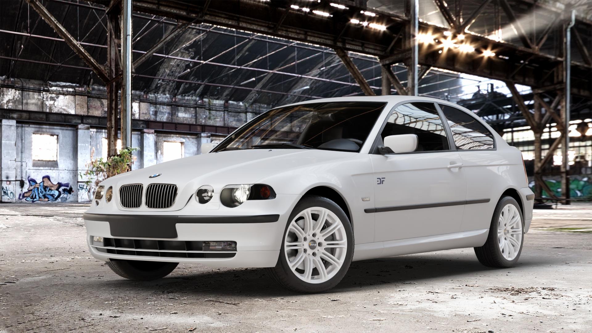 AVUS Racing AC-MB1 HYPER SILVER Felge mit Reifen silber in 17Zoll Winterfelge Alufelge auf weissem BMW 316ti Typ E46 (Compact) 318ti 325ti 318td 320td 3er Compact (346K) ⬇️ mit 15mm Tieferlegung ⬇️ Old Industrial Hall_max_4400mm_2024 Frontansicht_1