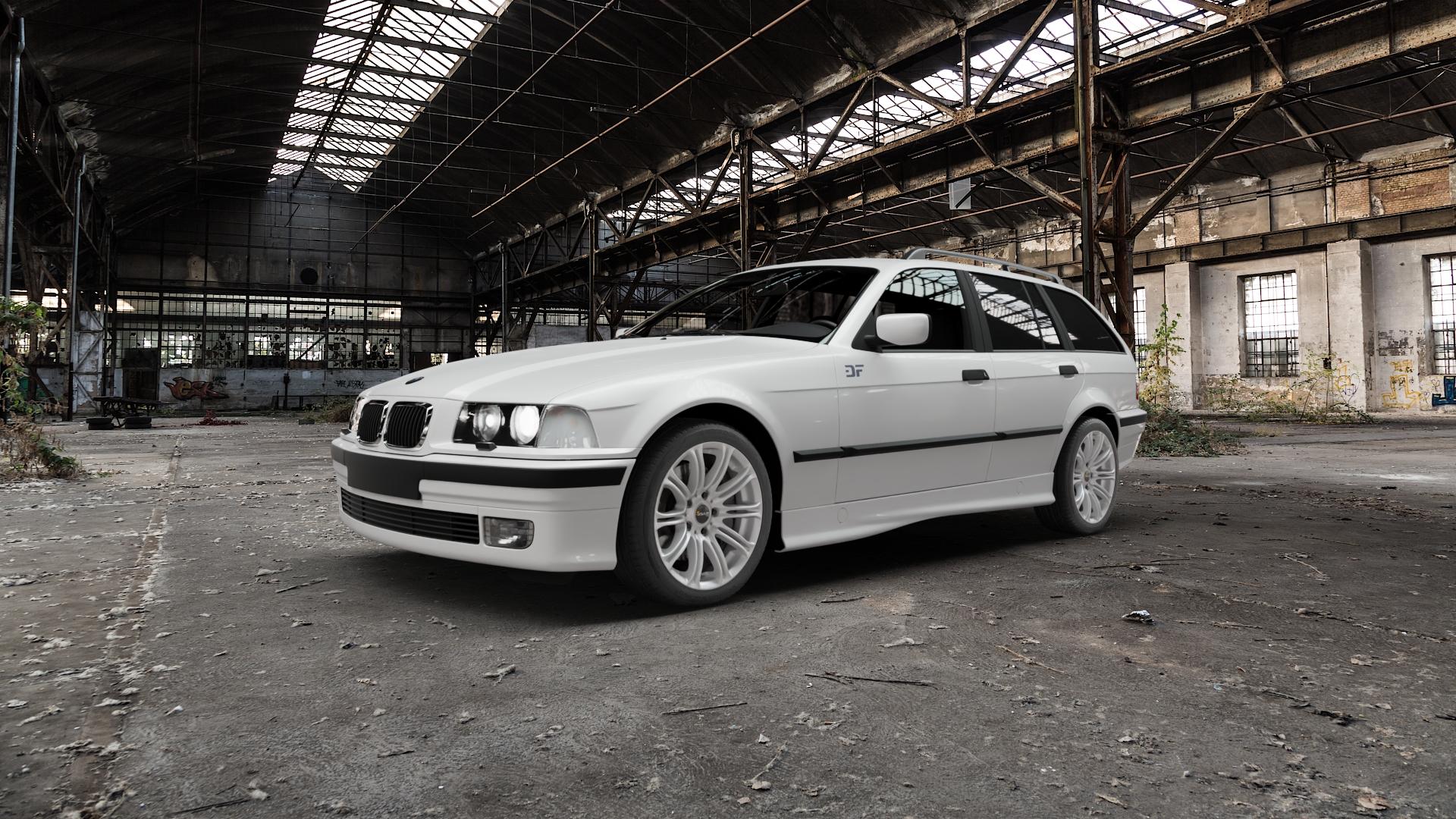 AVUS Racing AC-MB1 HYPER SILVER Felge mit Reifen silber in 17Zoll Winterfelge Alufelge auf weissem BMW 318tds Typ E36 (Touring) 316i 318i 320i 323i 328i 325tds 3er Touring (3/C) ⬇️ mit 15mm Tieferlegung ⬇️ Old Industrial Hall_max5000mm_2022 Frontansicht_1