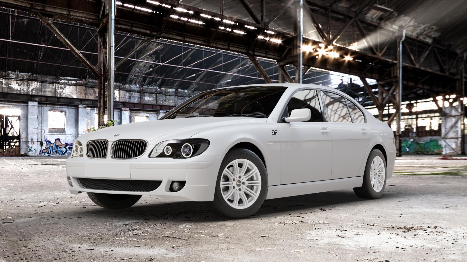 AVUS Racing AC-MB1 HYPER SILVER Felge mit Reifen silber in 17Zoll Winterfelge Alufelge auf weissem BMW 7er E65 Limousine (765, 767) E66 lang ⬇️ mit 15mm Tieferlegung ⬇️ Old Industrial Hall_max_5300mm_2024 Frontansicht_1