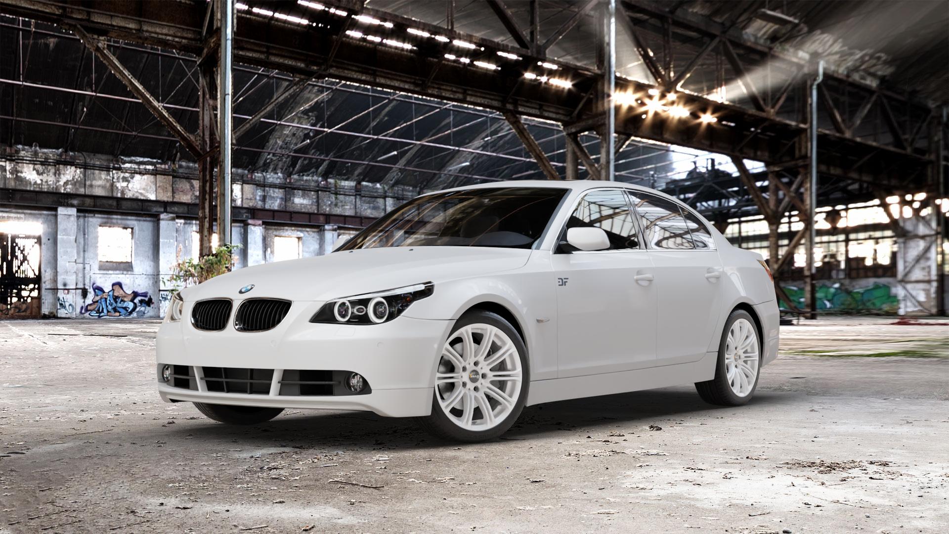AVUS Racing AC-MB1 HYPER SILVER Felge mit Reifen silber in 18Zoll Winterfelge Alufelge auf weissem BMW 520i Typ E60 (Limousine) 525i 530i 530d 525d M5 535d 545i 523i 540i 550i 520d 525xd 530xd 530xi 525xi 5er Limousine (560L, 560X) ⬇️ mit 15mm Tieferlegung ⬇️ Old Industrial Hall_max_5300mm_2024 Frontansicht_1