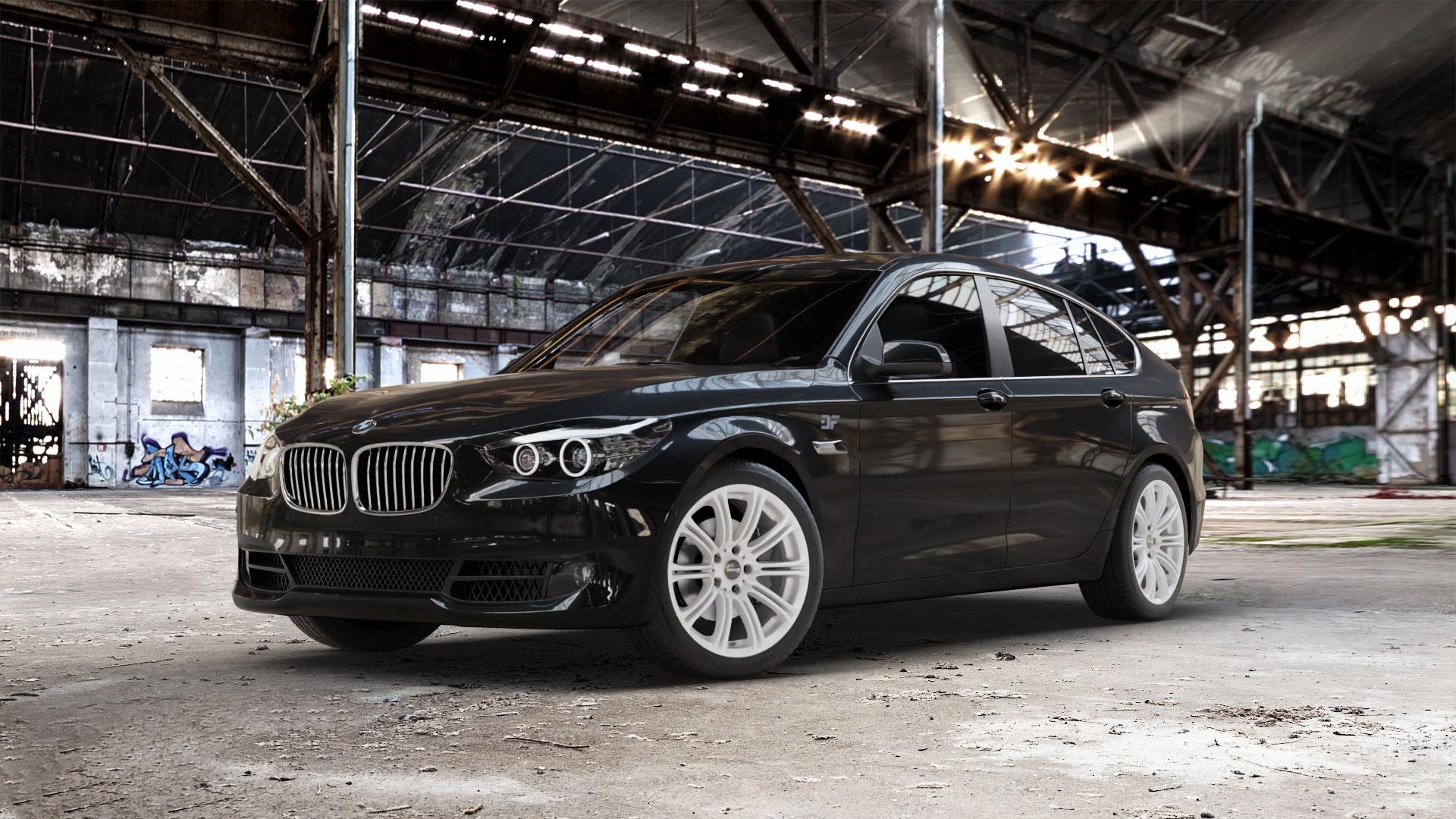 AVUS Racing AC-MB1 HYPER SILVER Felge mit Reifen silber in 19Zoll Winterfelge Alufelge auf schwarzem BMW 535i GT Typ F07 xDrive 550i 530d 535d 520d 528i 5er Gran Turismo (GT, K-N1) ⬇️ mit 15mm Tieferlegung ⬇️ Old Industrial Hall_max_5300mm_2024 Frontansicht_1