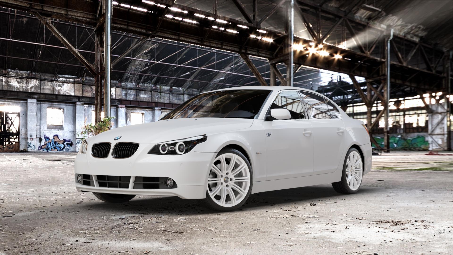 AVUS Racing AC-MB1 HYPER SILVER Felge mit Reifen silber in 19Zoll Winterfelge Alufelge auf weissem BMW 520i Typ E60 (Limousine) 525i 530i 530d 525d M5 535d 545i 523i 540i 550i 520d 525xd 530xd 530xi 525xi 5er Limousine (560L, 560X) ⬇️ mit 15mm Tieferlegung ⬇️ Old Industrial Hall_max_5300mm_2024 Frontansicht_1