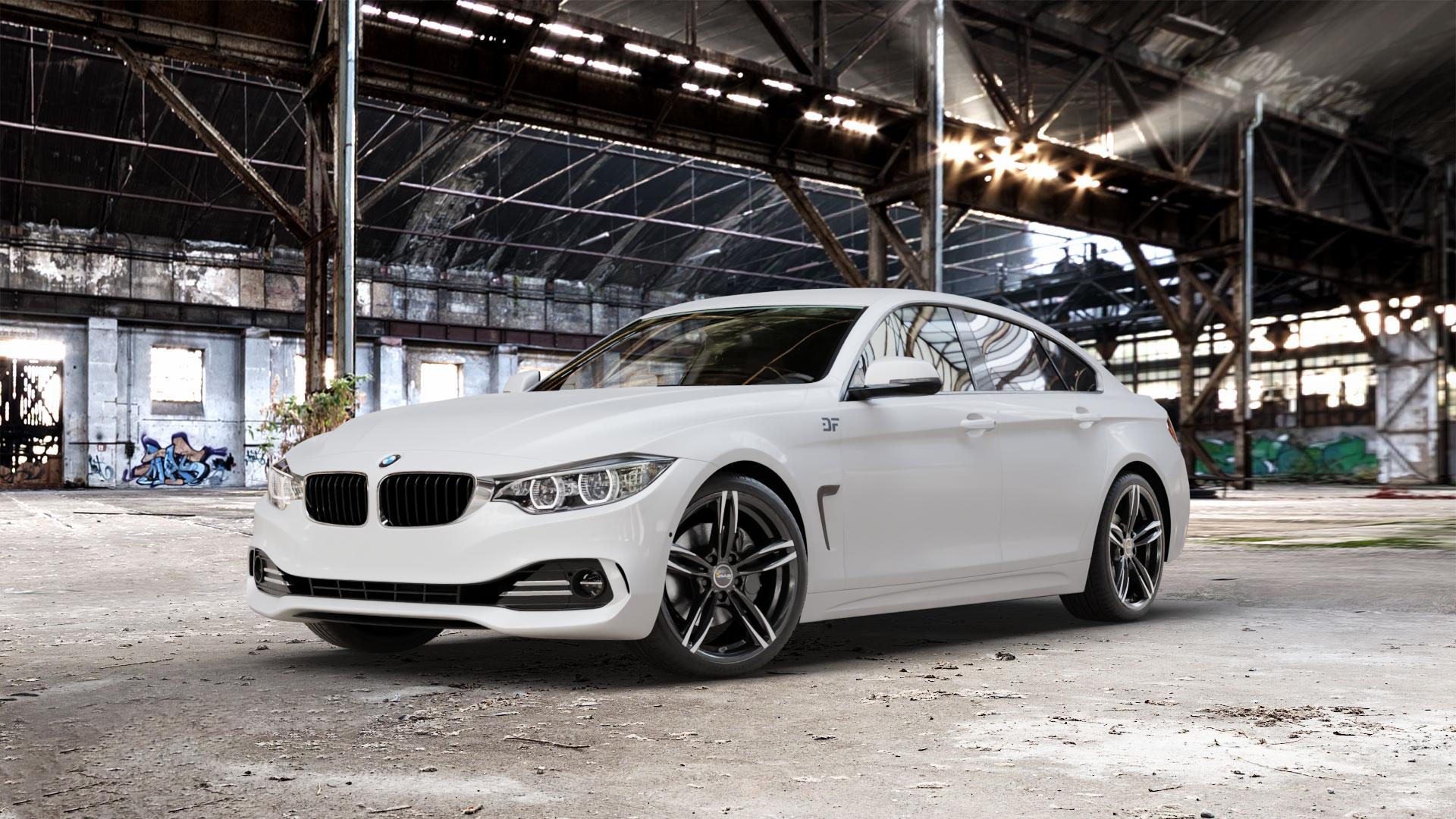 AVUS Racing AC-MB3 BLACK POLISHED Felge mit Reifen schwarz mehrfarbig in 19Zoll Alufelge auf weissem BMW 418d Typ F36 (Gran Coupe) 420d xDrive 420i 428i 435i 430d 440i 418i 430i 425d 4er Gran Coupe (3C) ⬇️ mit 15mm Tieferlegung ⬇️ Old Industrial Hall_max_5300mm_2024 Frontansicht_1