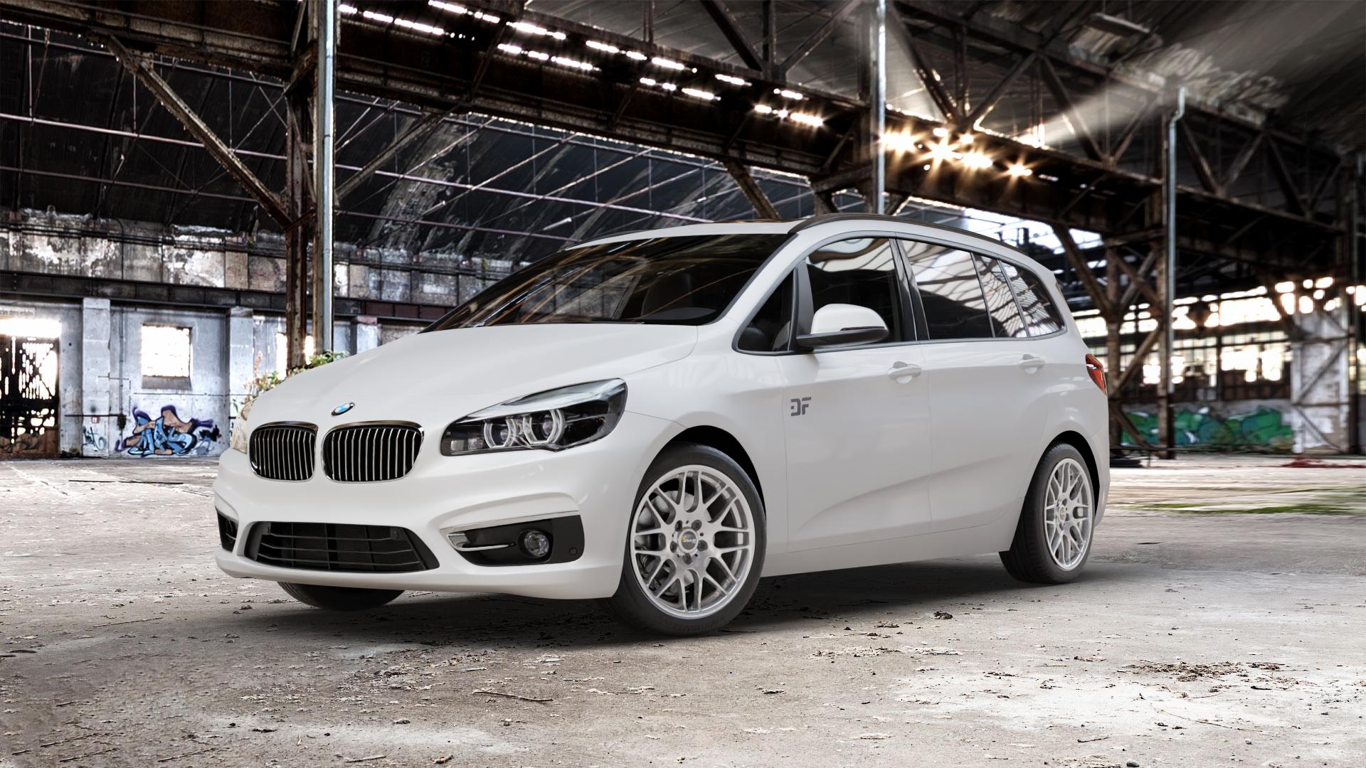 AVUS Racing AC-MB4 HYPER SILVER Felge mit Reifen silber in 18Zoll Winterfelge Alufelge auf weissem BMW 218i Typ UKL-L (F46 Gran Tourer) 220i 216d 218d 220d xDrive 214d 216i F2GT 2er F46 Tourer (UKL-L) (F2GT) Facelift ⬇️ mit 15mm Tieferlegung ⬇️ Old Industrial Hall_max_5300mm_2024 Frontansicht_1