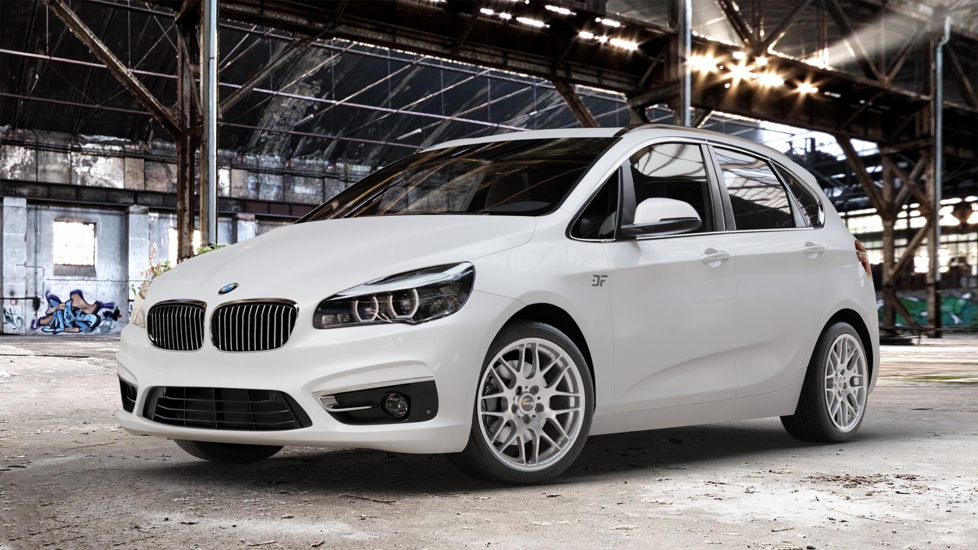 AVUS Racing AC-MB4 HYPER SILVER Felge mit Reifen silber in 18Zoll Winterfelge Alufelge auf weissem BMW 2er F45 Active Tourer (UKL-L) (F2AT) Facelift ⬇️ mit 15mm Tieferlegung ⬇️ Old Industrial Hall_max_4400mm_2024 Frontansicht_1