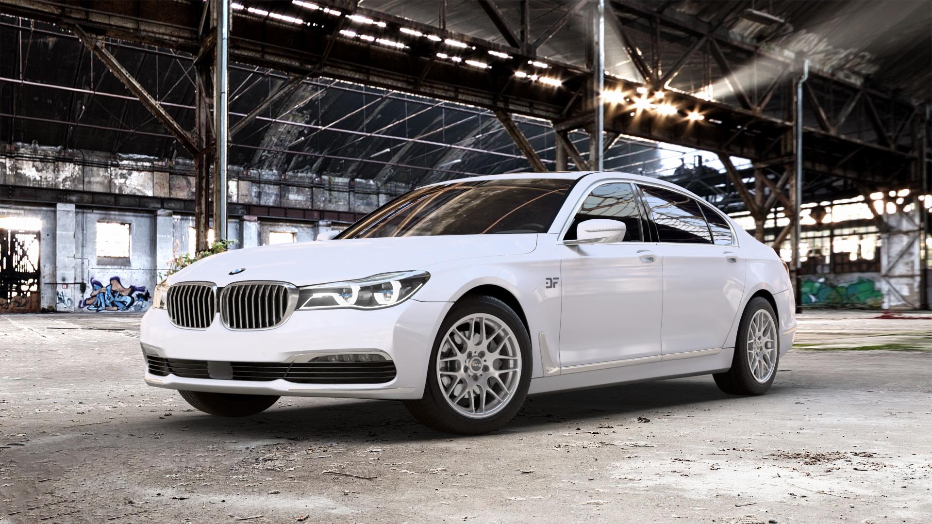 AVUS Racing AC-MB4 HYPER SILVER Felge mit Reifen silber in 18Zoll Winterfelge Alufelge auf weissem BMW 740Li Typ G12 750Li xDrive 730Ld 740Ld 740Le 730Li 750Ld 7er Limousine lang (7L) ⬇️ mit 15mm Tieferlegung ⬇️ Old Industrial Hall_max_5300mm_2024 Frontansicht_1