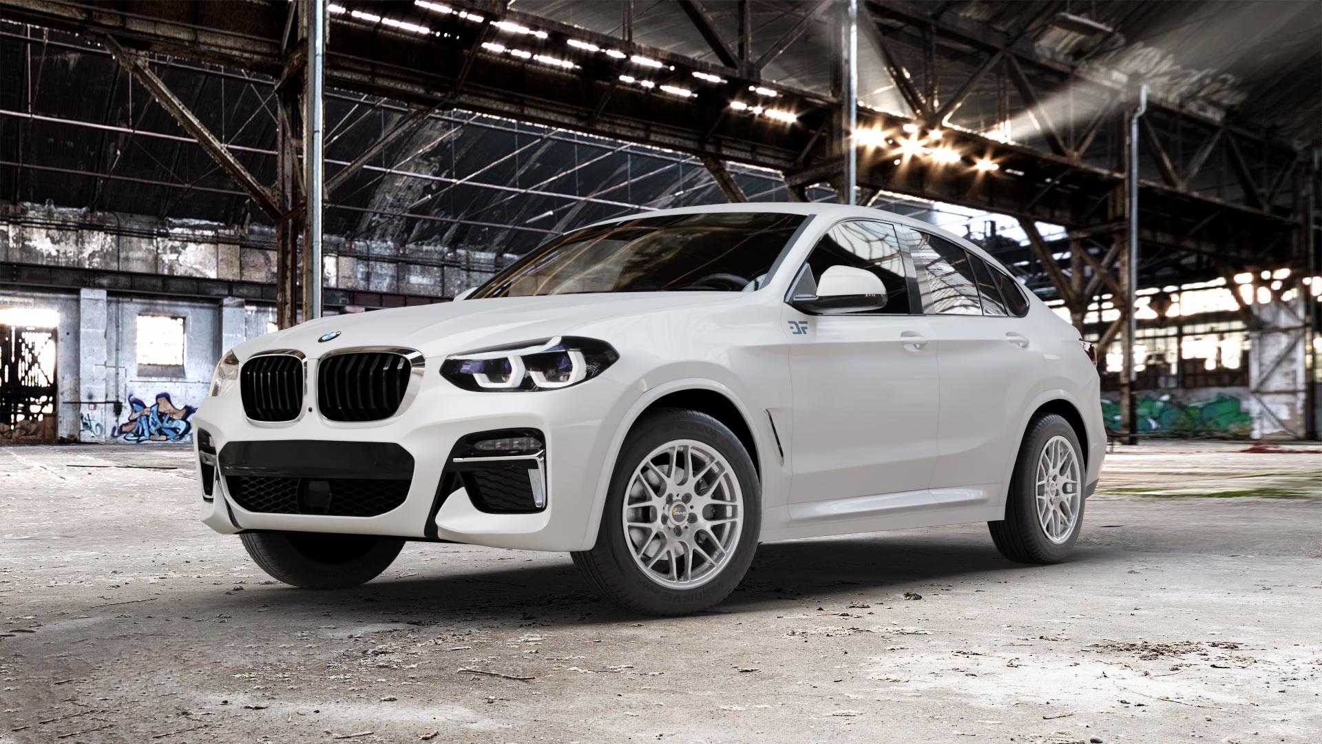 AVUS Racing AC-MB4 HYPER SILVER Felge mit Reifen silber in 18Zoll Winterfelge Alufelge auf weissem BMW X4 Typ G02 (G4X) ⬇️ mit 15mm Tieferlegung ⬇️ Old Industrial Hall_max_5300mm_2024 Frontansicht_1