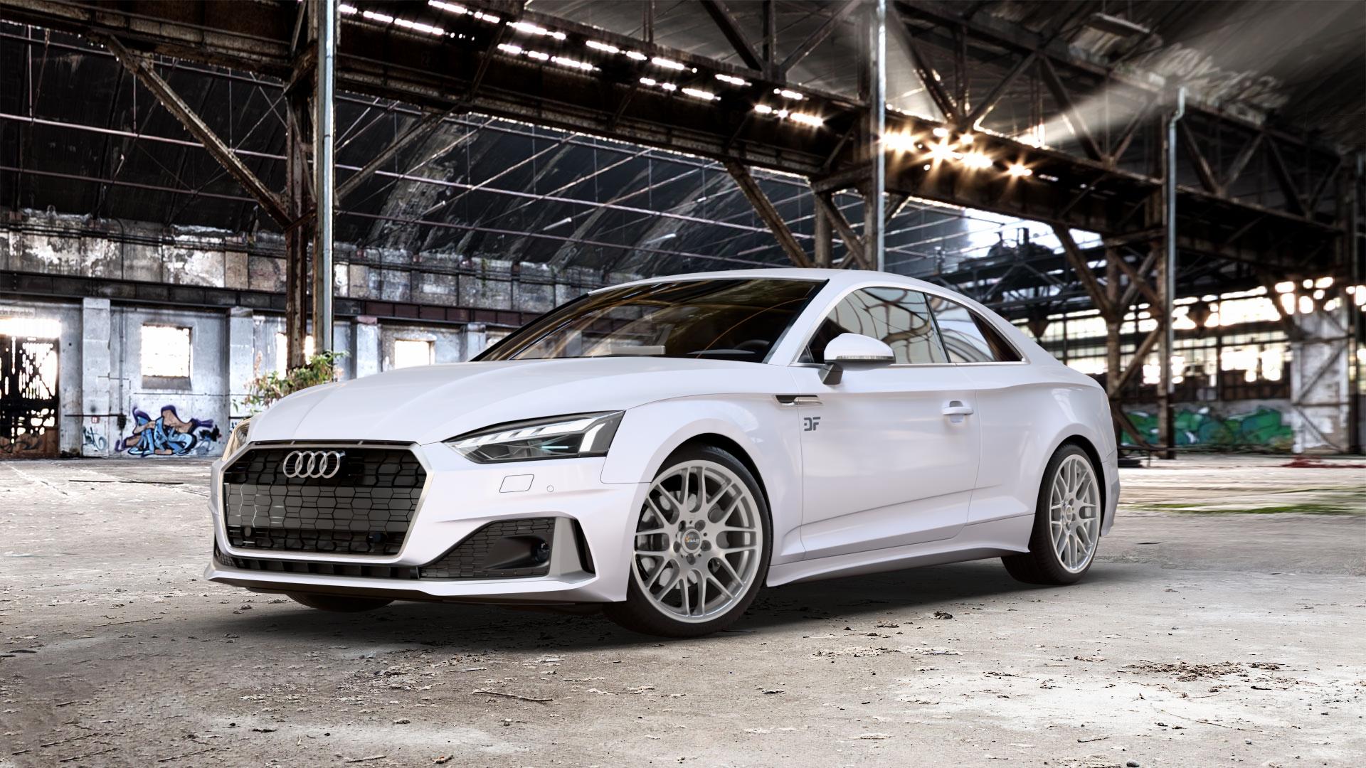 AVUS Racing AC-MB4 HYPER SILVER Felge mit Reifen silber in 19Zoll Winterfelge Alufelge auf weißem Audi A5 Typ B9 (Coupé) Facelift ⬇️ mit 15mm Tieferlegung ⬇️ Old Industrial Hall_max_5300mm_2024 Frontansicht_1