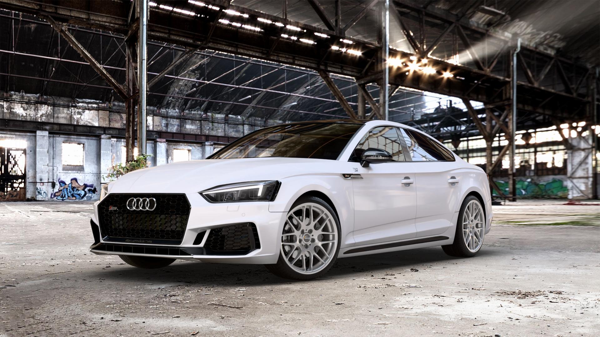 AVUS Racing AC-MB4 HYPER SILVER Felge mit Reifen silber in 19Zoll Winterfelge Alufelge auf weissem Audi A5 Typ B9 (Sportback) 3,0l S5 TFSI quattro 260kW (354 PS) 2,9l RS5 331kW (450 TDI 255kW Mild-Hybrid (347 ⬇️ mit 15mm Tieferlegung ⬇️ Old Industrial Hall_max_5300mm_2024 Frontansicht_1