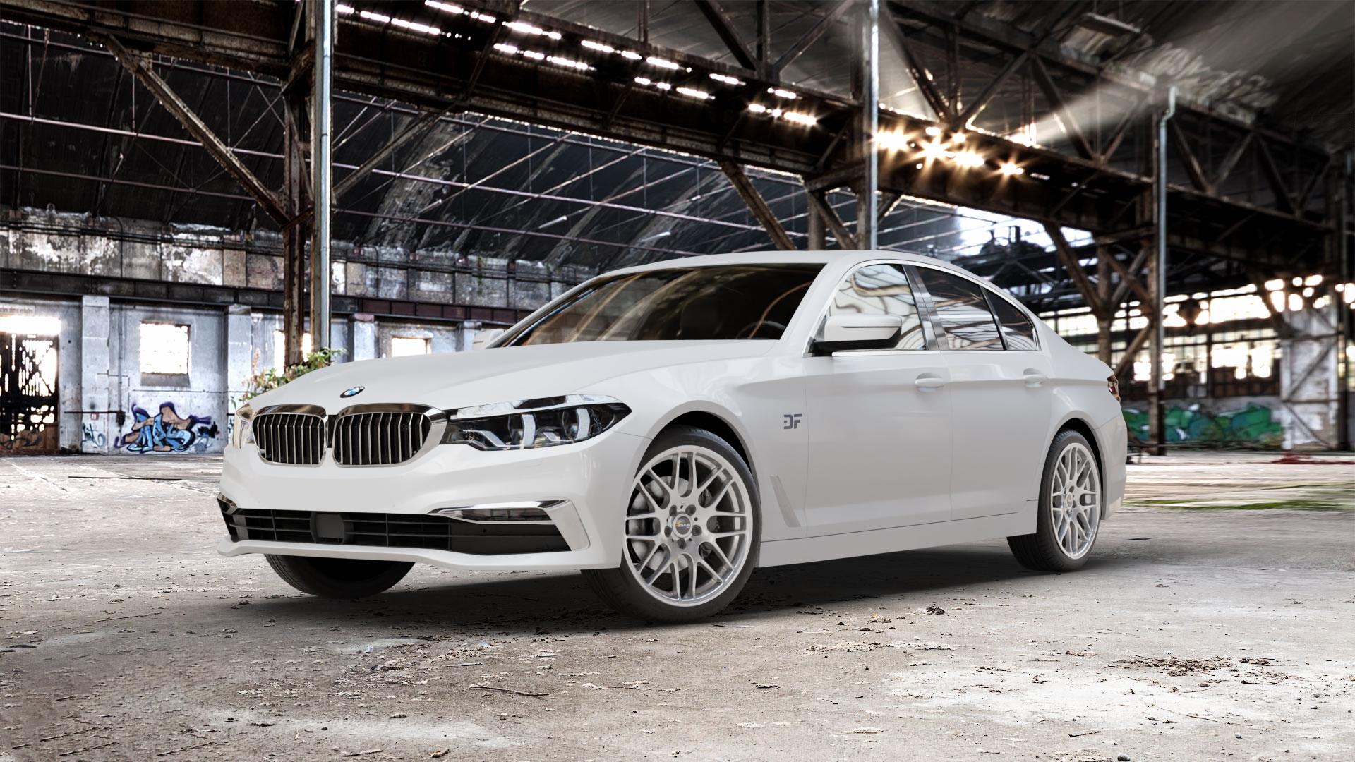 AVUS Racing AC-MB4 HYPER SILVER Felge mit Reifen silber in 19Zoll Winterfelge Alufelge auf weissem BMW 5er G30 Limousine (G5L) ⬇️ mit 15mm Tieferlegung ⬇️ Old Industrial Hall_max_5300mm_2024 Frontansicht_1