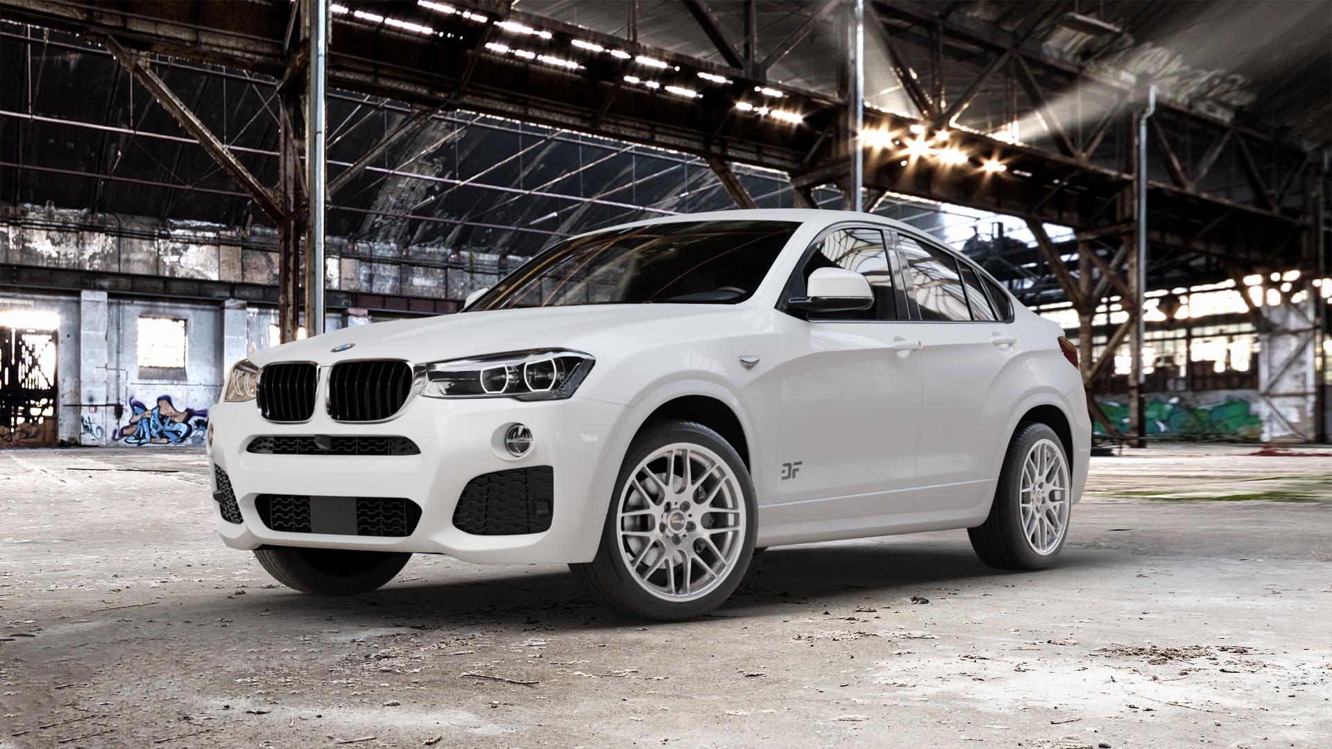 AVUS Racing AC-MB4 HYPER SILVER Felge mit Reifen silber in 19Zoll Winterfelge Alufelge auf weissem BMW X4 Typ F26 (X3, X-N1) ⬇️ mit 15mm Tieferlegung ⬇️ Old Industrial Hall_max_5300mm_2024 Frontansicht_1
