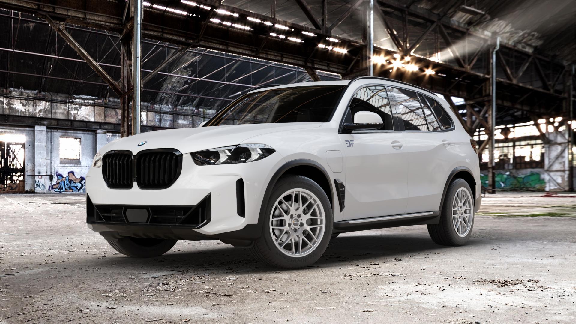 AVUS Racing AC-MB4 HYPER SILVER Felge mit Reifen silber in 19Zoll Winterfelge Alufelge auf weissem BMW X5 Typ G05 (G5X) Facelift ⬇️ mit 15mm Tieferlegung ⬇️ Old Industrial Hall_max_5300mm_2024 Frontansicht_1
