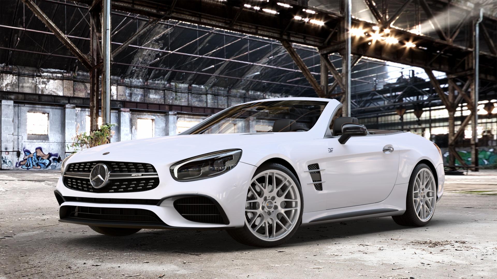 AVUS Racing AC-MB4 HYPER SILVER Felge mit Reifen silber in 19Zoll Winterfelge Alufelge auf weissem Mercedes SL Typ R231 Facelift 5,5l 63 AMG 430kW (585 PS) 6,0l 65 463kW (630 420kW (571 ⬇️ mit 15mm Tieferlegung ⬇️ Old Industrial Hall_max_4400mm_2024 Frontansicht_1