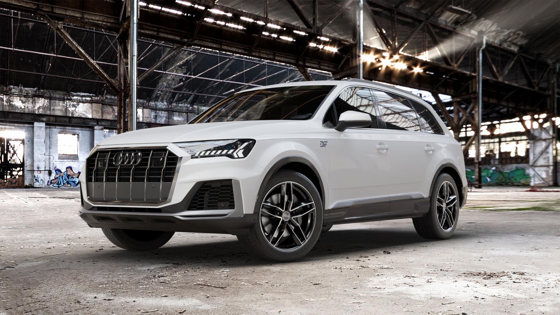 AVUS Racing AF16 BLACK POLISHED Felge mit Reifen schwarz in 20Zoll Alufelge auf weissem Audi Q7 II Typ 4M (4L) Facelift 19-> ⬇️ mit 15mm Tieferlegung ⬇️ Old Industrial Hall_max_5300mm_2024 Frontansicht_1