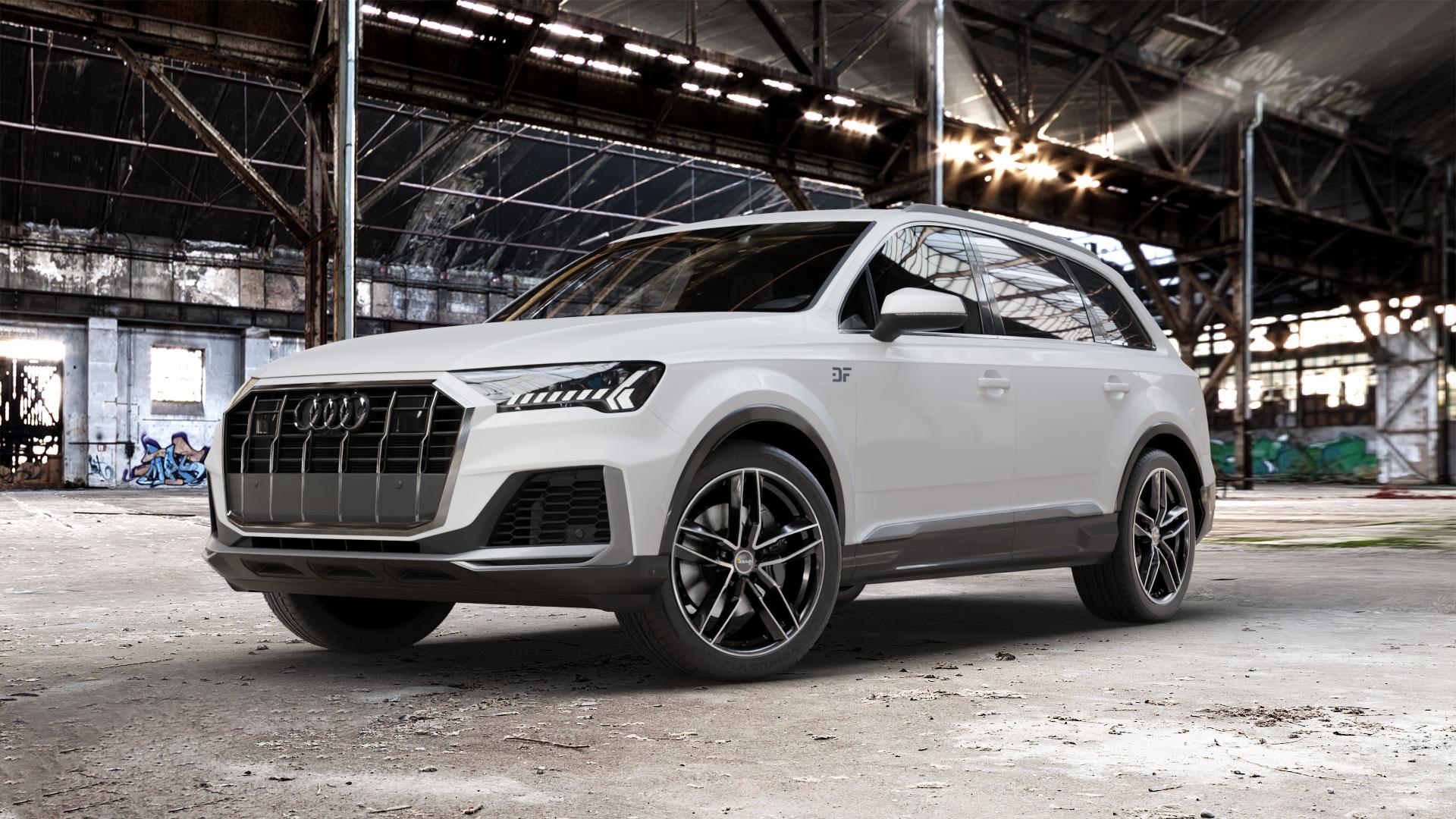 AVUS Racing AF16 BLACK POLISHED Felge mit Reifen schwarz in 21Zoll Alufelge auf weissem Audi Q7 II Typ 4M (4L) Facelift 19-> ⬇️ mit 15mm Tieferlegung ⬇️ Old Industrial Hall_max_5300mm_2024 Frontansicht_1