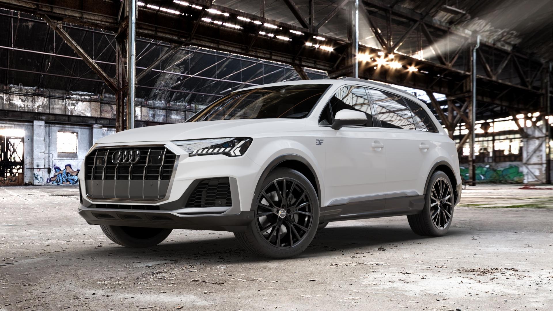 AVUS Racing AF18 BLACK Felge mit Reifen schwarz in 21Zoll Winterfelge Alufelge auf weissem Audi Q7 II Typ 4M (4L) Facelift 19-> ⬇️ mit 15mm Tieferlegung ⬇️ Old Industrial Hall_max_5300mm_2024 Frontansicht_1