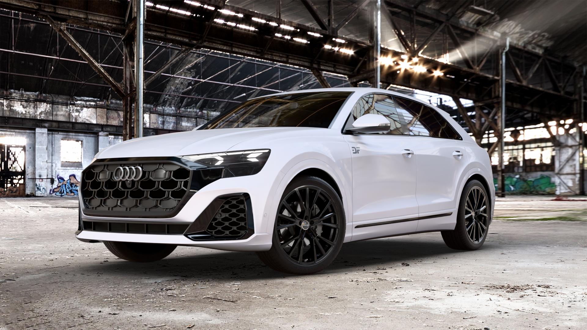 AVUS Racing AF18 BLACK Felge mit Reifen schwarz in 22Zoll Winterfelge Alufelge auf weißem Audi Q8 Typ 4M (4L) Facelift ⬇️ mit 15mm Tieferlegung ⬇️ Old Industrial Hall_max_5300mm_2024 Frontansicht_1