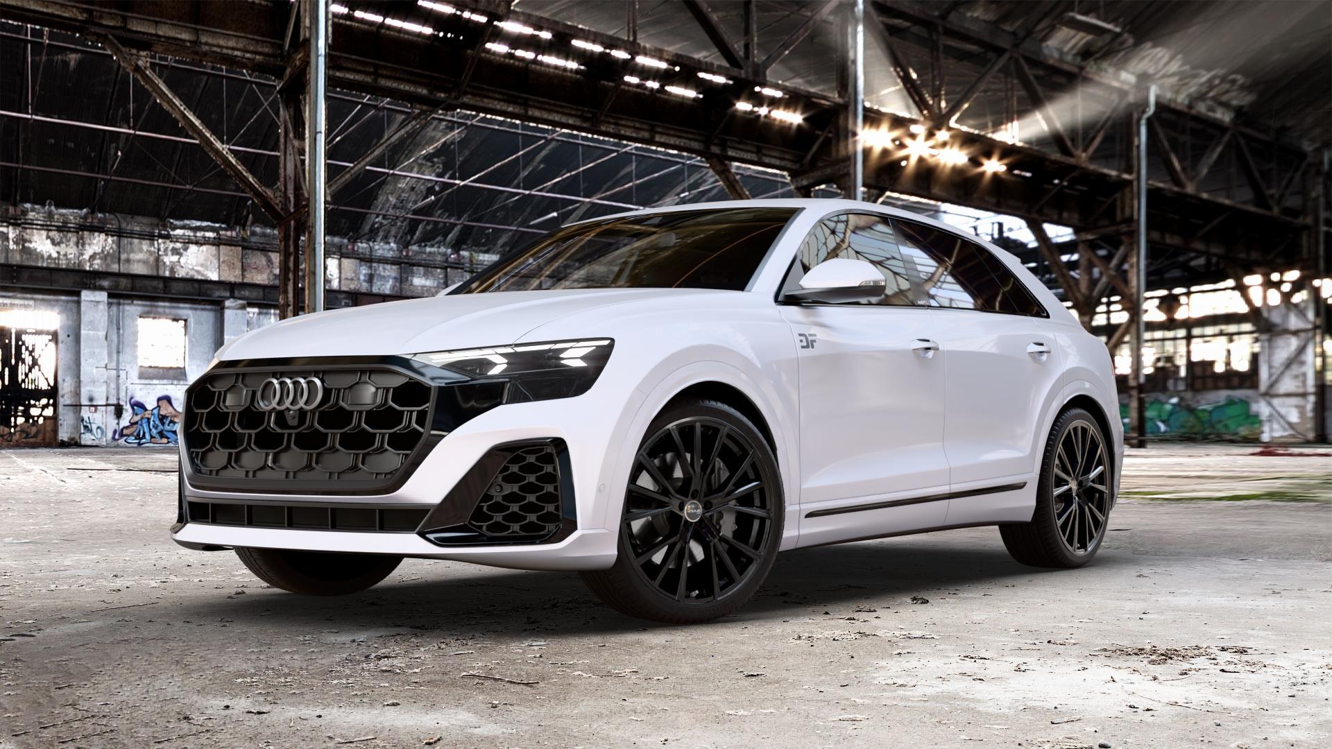 AVUS Racing AF18 BLACK Felge mit Reifen schwarz in 23Zoll Winterfelge Alufelge auf weißem Audi Q8 Typ 4M (4L) Facelift ⬇️ mit 15mm Tieferlegung ⬇️ Old Industrial Hall_max_5300mm_2024 Frontansicht_1