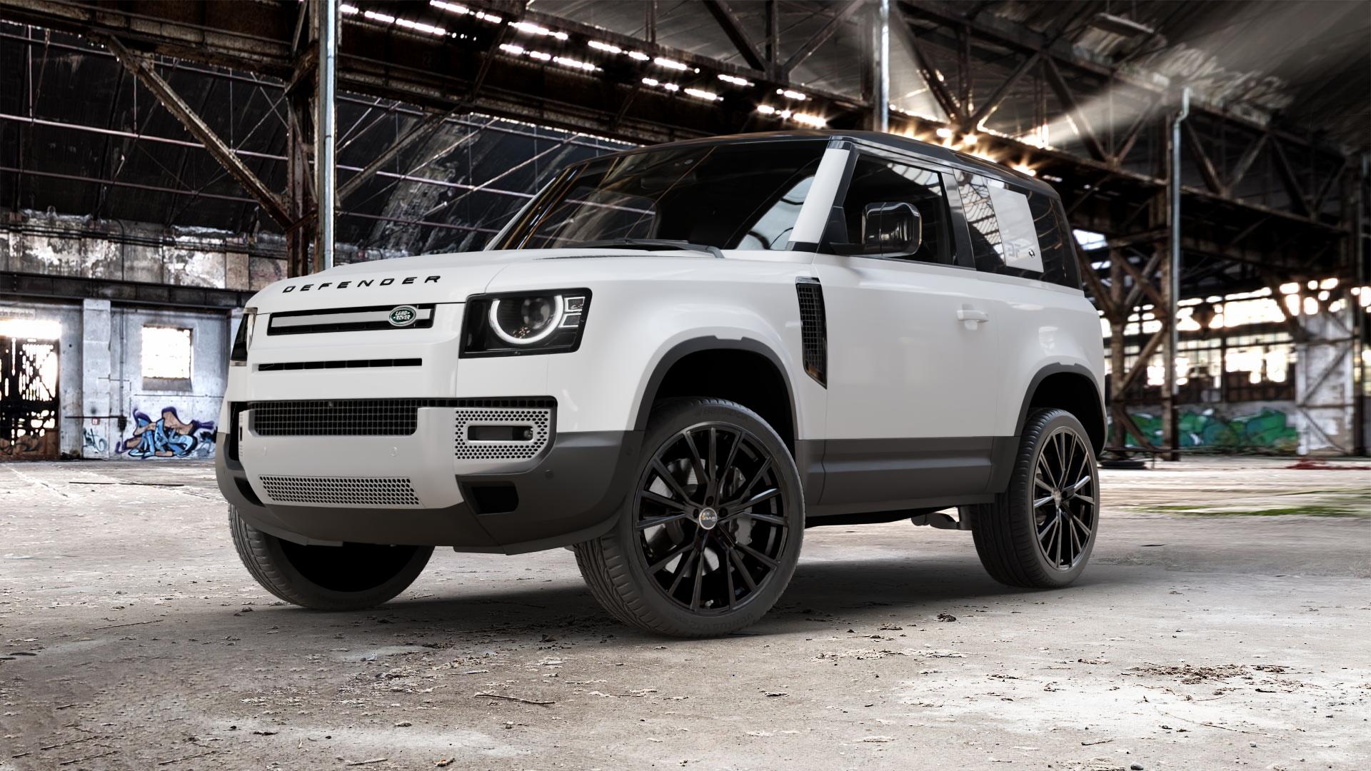 AVUS Racing AF18 BLACK Felge mit Reifen schwarz in 23Zoll Winterfelge Alufelge auf weissem Land Rover Defender 90 Typ LE ⬇️ mit 15mm Tieferlegung ⬇️ Old Industrial Hall_max_5300mm_2024 Frontansicht_1