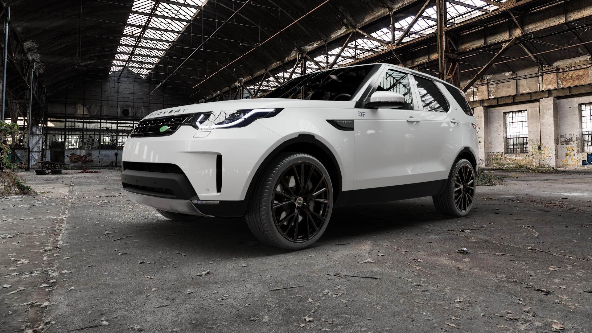 AVUS Racing AF18 BLACK Felge mit Reifen schwarz in 23Zoll Winterfelge Alufelge auf weissem Land Rover Discovery V Typ LR ⬇️ mit 15mm Tieferlegung ⬇️ Old Industrial Hall_max5000mm_2022 Frontansicht_1