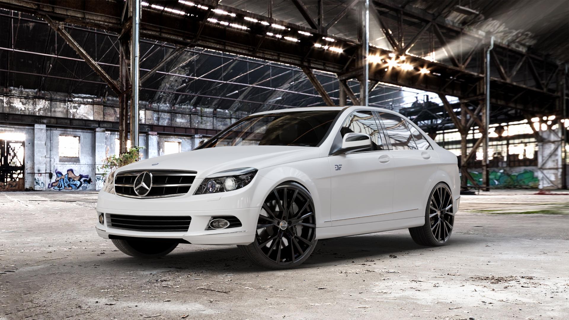 AVUS Racing AF18 BLACK Felge mit Reifen schwarz in 23Zoll Winterfelge Alufelge auf weissem Mercedes C-Klasse Typ W204 Limousine ⬇️ mit 15mm Tieferlegung ⬇️ Old Industrial Hall_max_5300mm_2024 Frontansicht_1