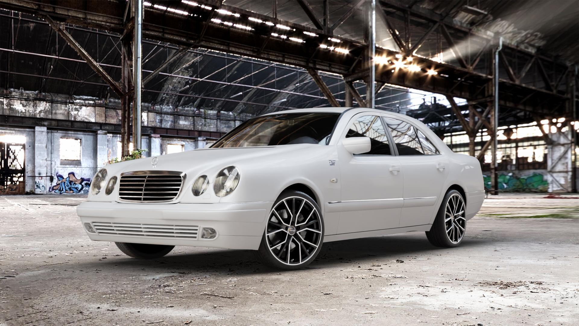 AVUS Racing AF18 BLACK POLISHED Felge mit Reifen schwarz in 19Zoll Alufelge auf weissem Mercedes E-Klasse Typ W210 Limousine ⬇️ mit 15mm Tieferlegung ⬇️ Old Industrial Hall_max_5300mm_2024 Frontansicht_1