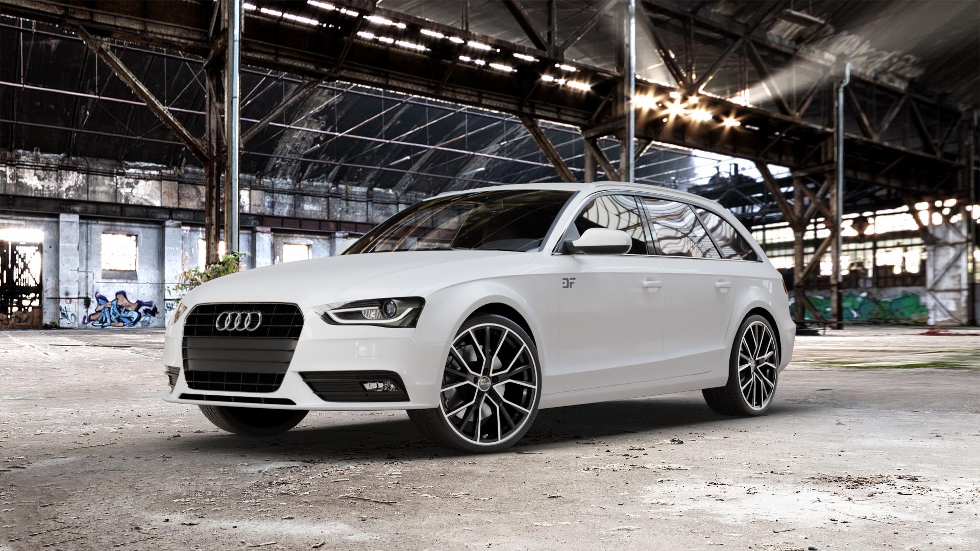 AVUS Racing AF18 BLACK POLISHED Felge mit Reifen schwarz in 20Zoll Alufelge auf weissem Audi A4 Typ 8K5/B8 (Avant) Facelift ⬇️ mit 15mm Tieferlegung ⬇️ Old Industrial Hall_max_5300mm_2024 Frontansicht_1