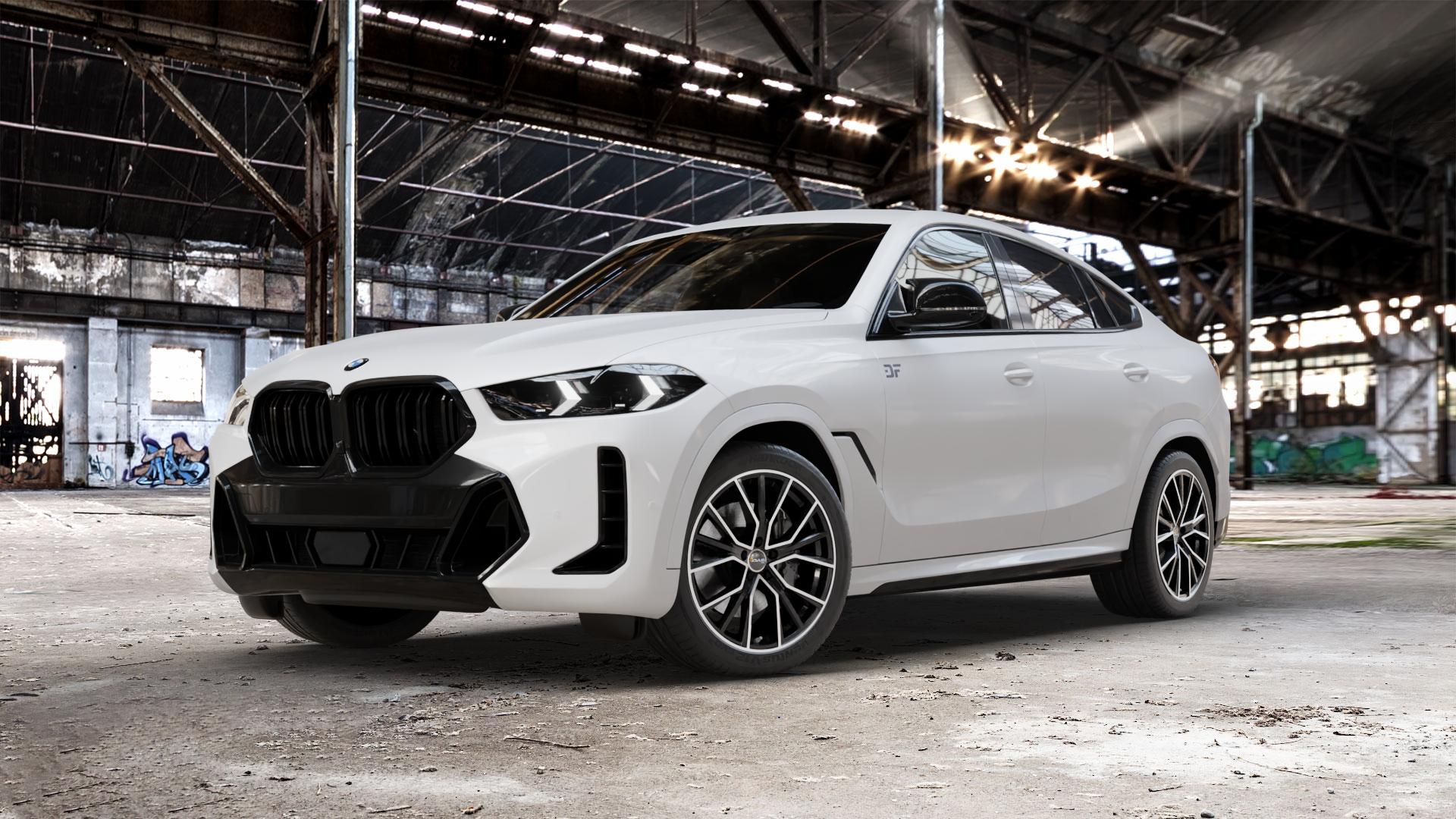 AVUS Racing AF18 BLACK POLISHED Felge mit Reifen schwarz in 20Zoll Alufelge auf weissem BMW X6 Typ G06 (G6X) Facelift ⬇️ mit 15mm Tieferlegung ⬇️ Old Industrial Hall_max_5300mm_2024 Frontansicht_1