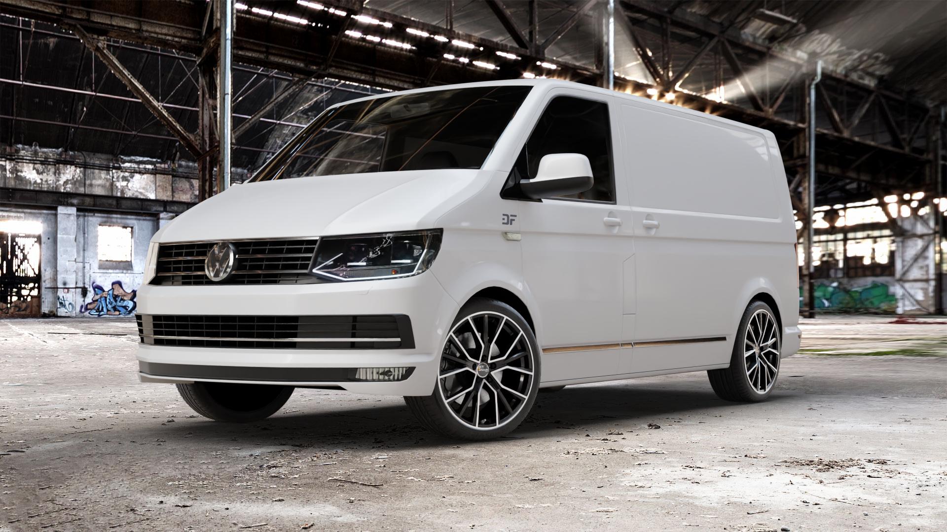 AVUS Racing AF18 BLACK POLISHED Felge mit Reifen schwarz in 20Zoll Alufelge auf weissem Volkswagen (VW) T6 Kastenwagen ⬇️ mit 15mm Tieferlegung ⬇️ Old Industrial Hall_max_5300mm_2024 Frontansicht_1