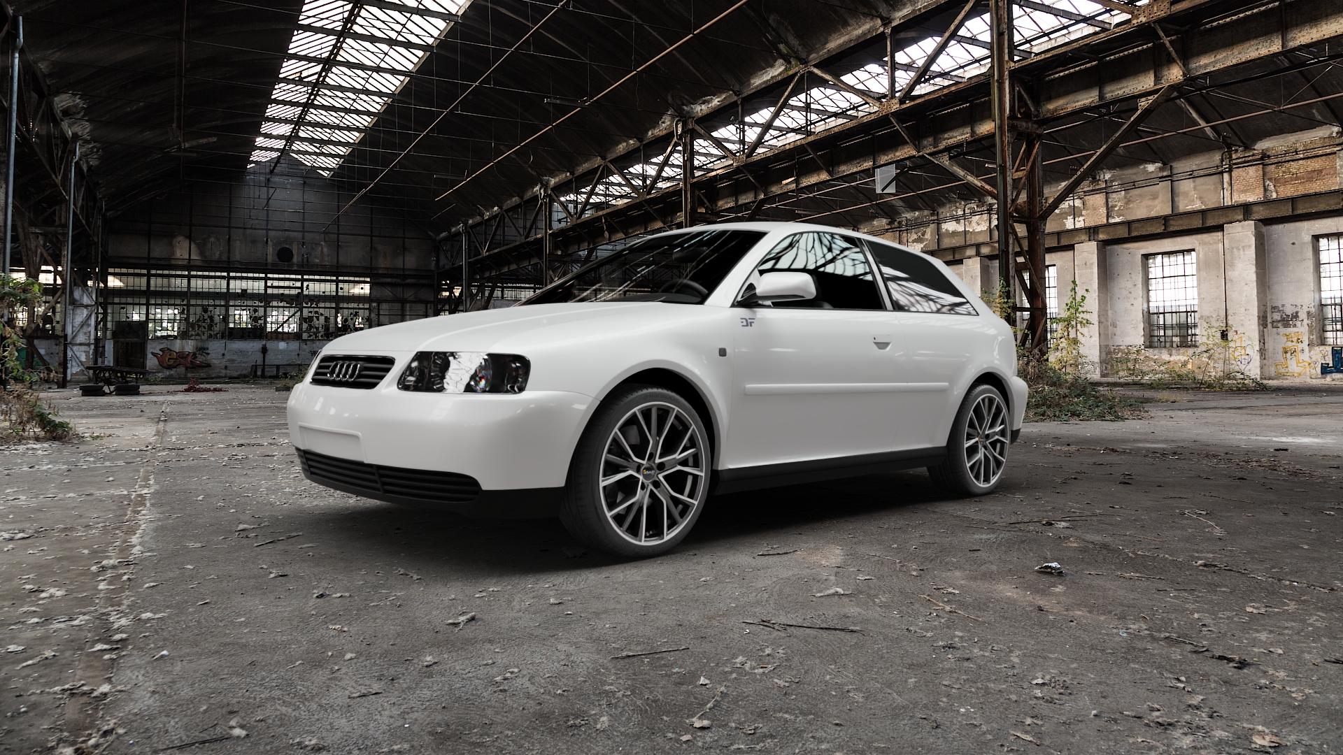 AVUS Racing AF18 MATT ANTHRACITE POLISHED Felge mit Reifen grau anthrazit in 18Zoll Alufelge auf weissem Audi A3 Typ 8L ⬇️ mit 15mm Tieferlegung ⬇️ Old Industrial Hall_max5000mm_2022 Frontansicht_1