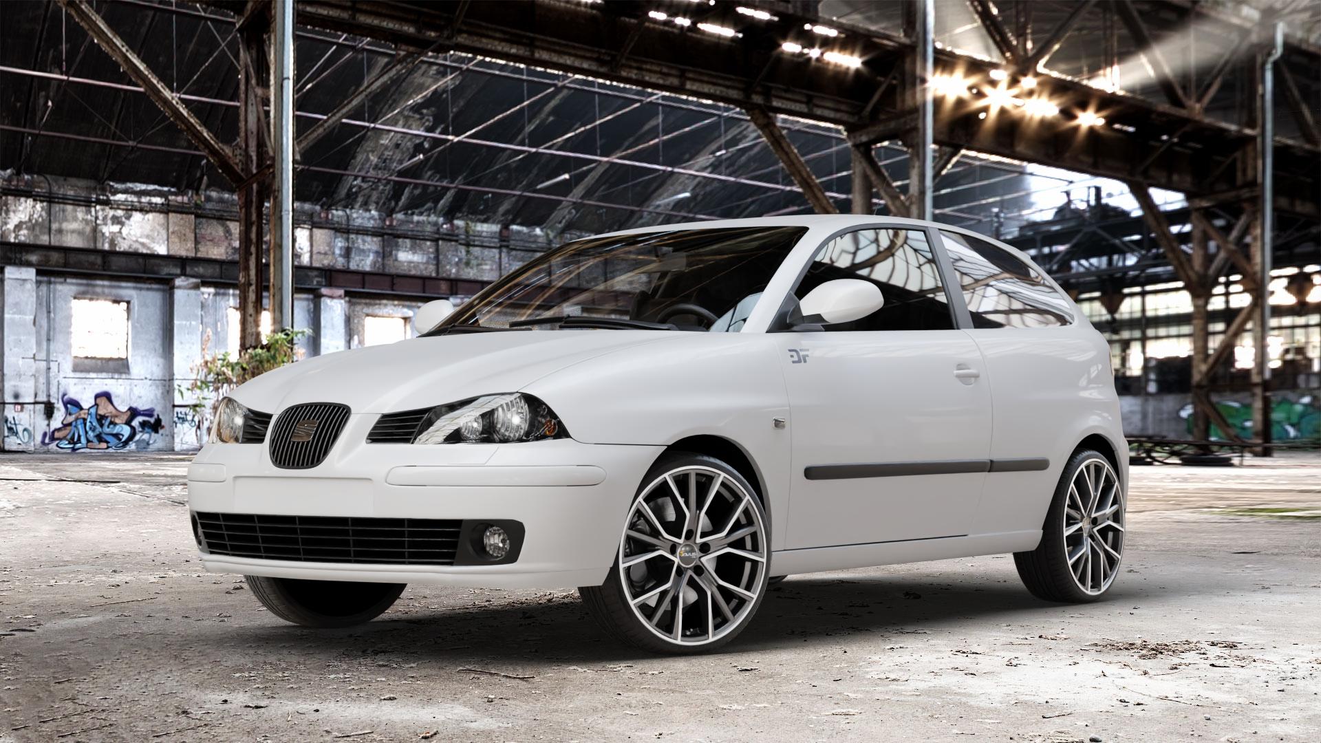 AVUS Racing AF18 MATT ANTHRACITE POLISHED Felge mit Reifen grau anthrazit in 18Zoll Alufelge auf weissem Seat Ibiza III Typ 6L ⬇️ mit 15mm Tieferlegung ⬇️ Old Industrial Hall_max_4400mm_2024 Frontansicht_1