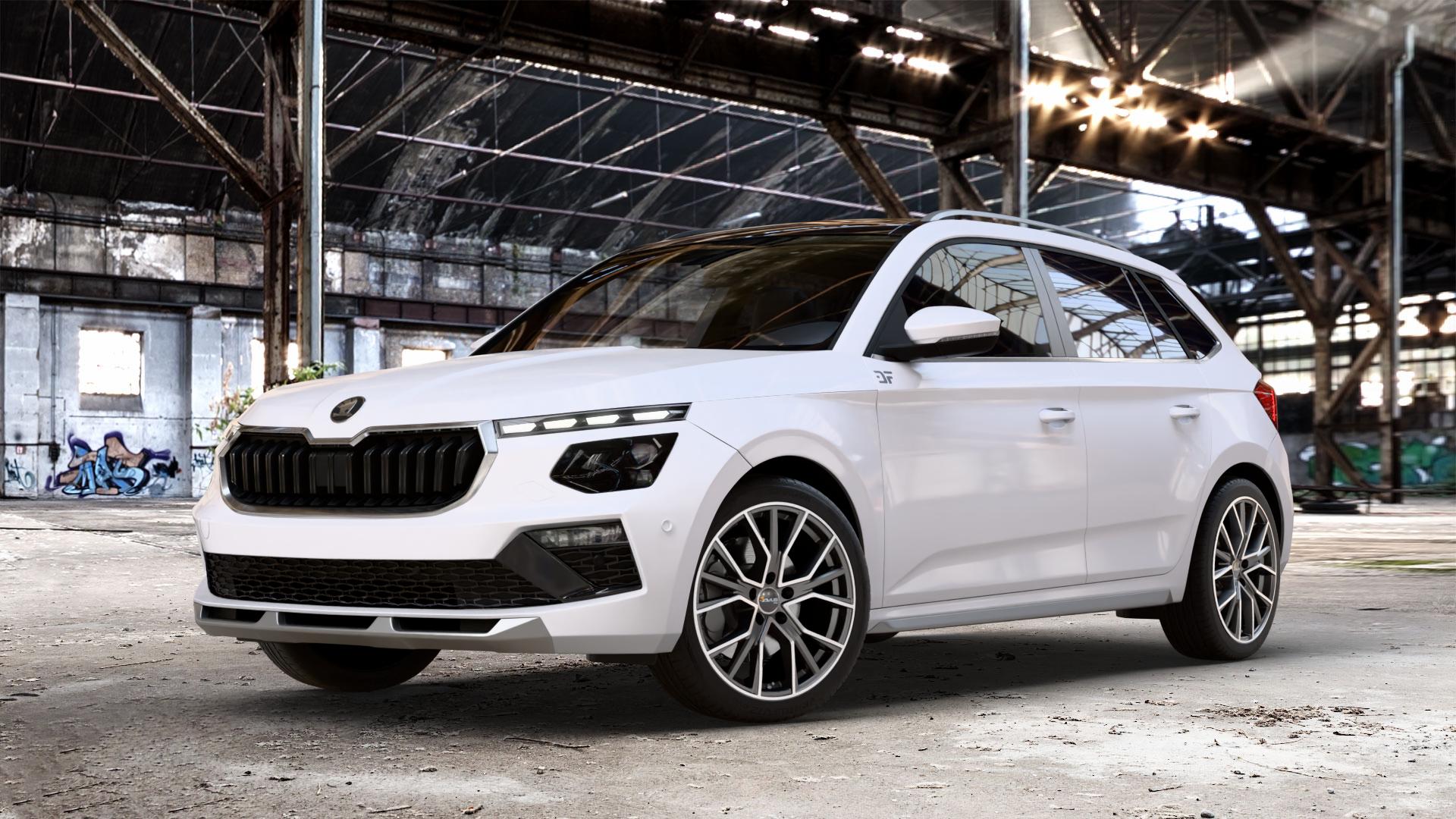AVUS Racing AF18 MATT ANTHRACITE POLISHED Felge mit Reifen grau anthrazit in 18Zoll Alufelge auf weissem Skoda Kamiq Typ NW Facelift 1,0l TSI 70kW (95 PS) 85kW (116 1,5l 110kW (150 ⬇️ mit 15mm Tieferlegung ⬇️ Old Industrial Hall_max_4400mm_2024 Frontansicht_1